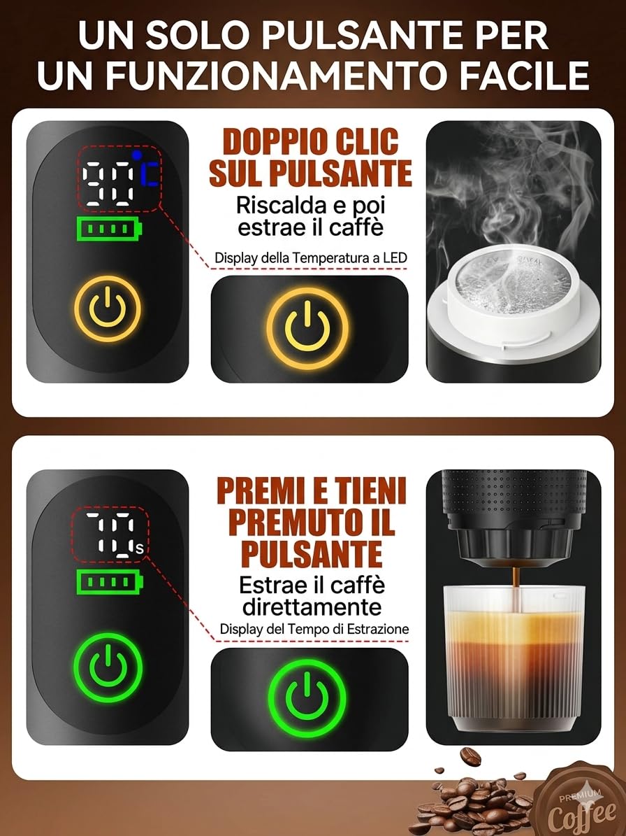 Macchina Caffè Portatile Espresso 3-in-1 - Riscaldamento Acqua Automatico 5 Min, Batteria 7500mAh, 20 Bar Pressione - Compatibile con Capsule Grandi, Piccole e Caffè Macinato - Per Auto, Viaggio, Uffi