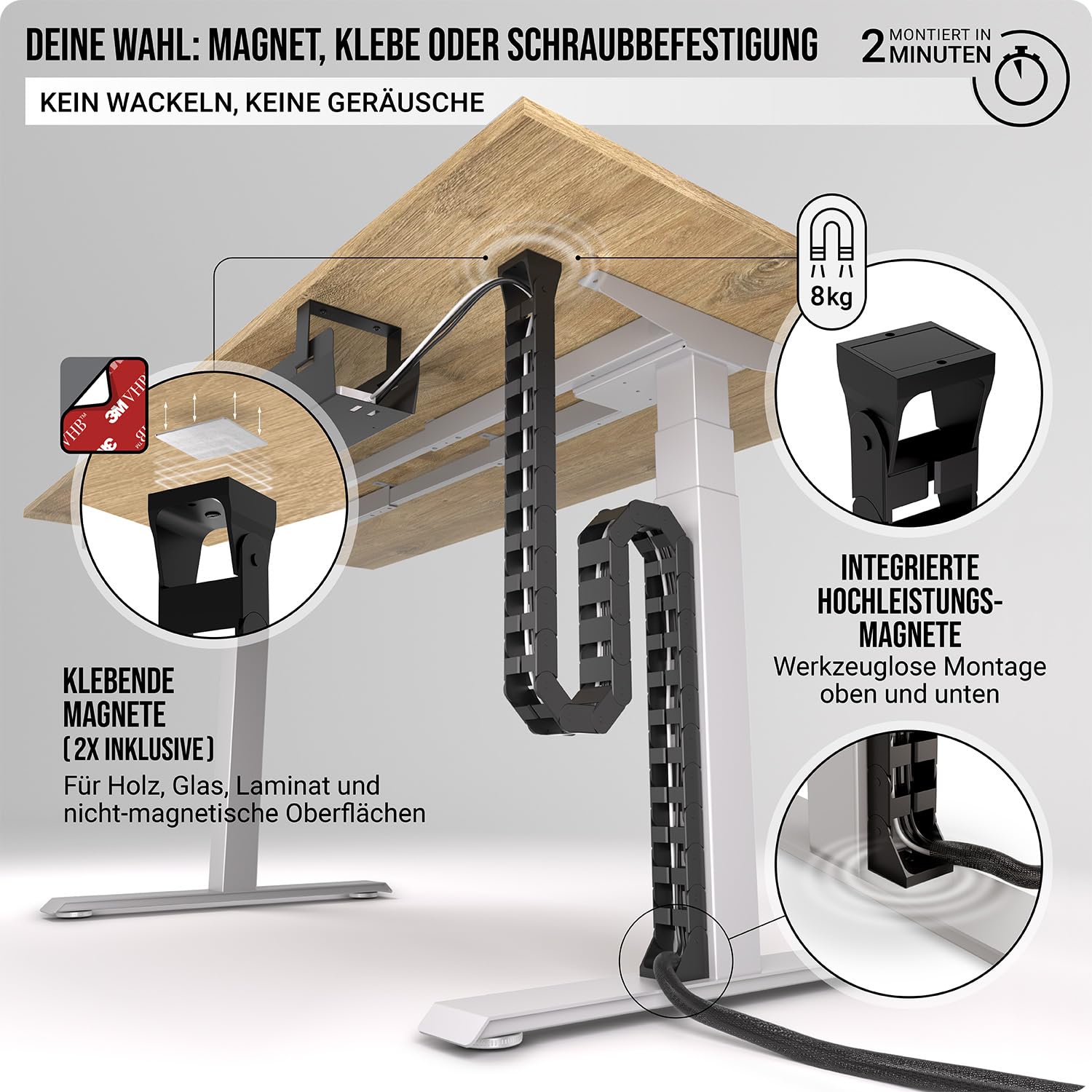 Kabelführung Schreibtisch, Flexibel anbringbare Kabelschlange, Robuste Kabelkette, Flexibler Kabelkanal für ideales Schreibtisch Kabelmanagement und für höhenverstellbare Schreibtische (Schwarz)