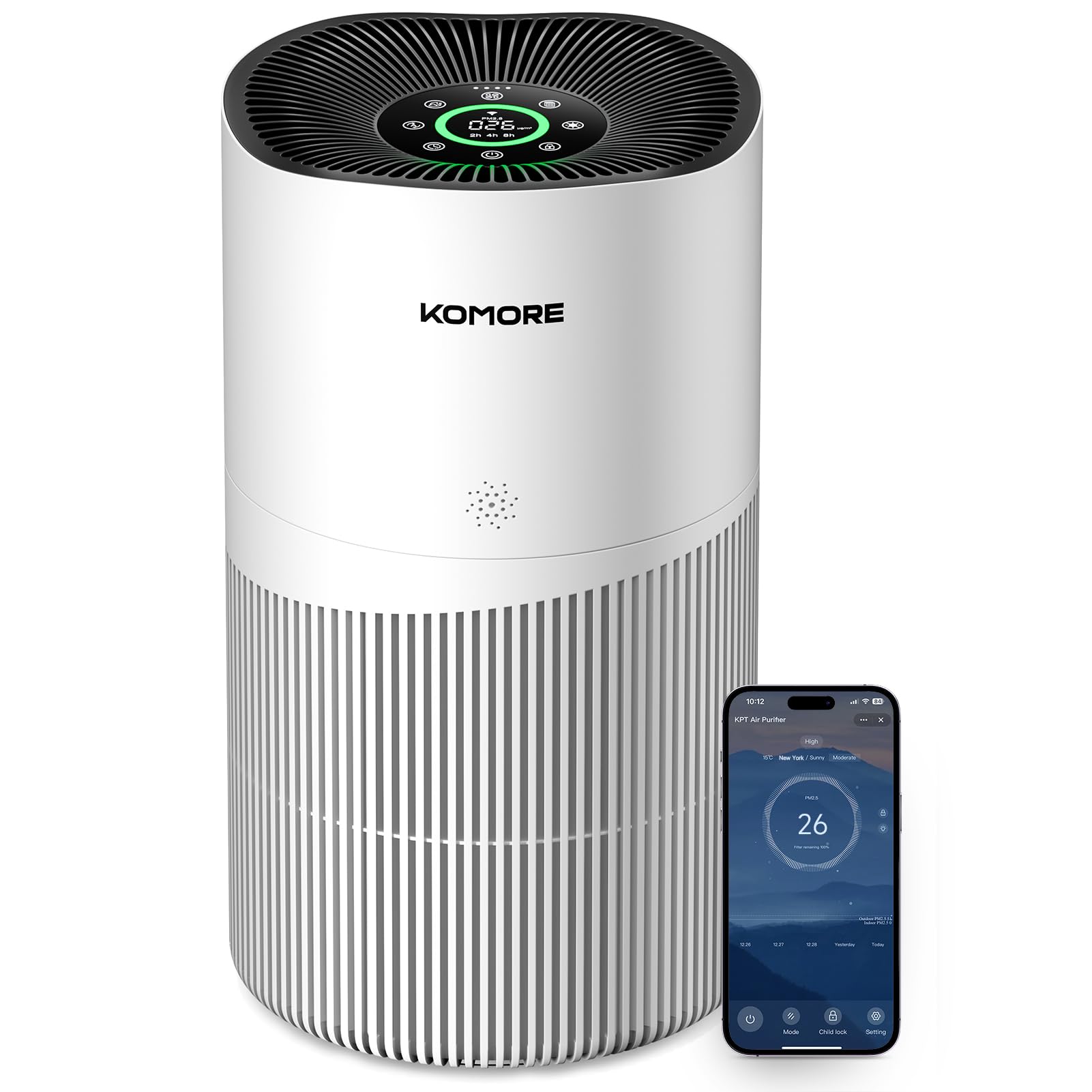 KOMORE Air Purifier for Bedroom, Smart WiFi Hepa Air Filter CADR 468m³/h for Rooms up to 96 m², PM2.5 Monitor, 4 Speed Quiet Sleep Auto Mode with Timer Child Lock for Home Smoke Pet Odours Pollen