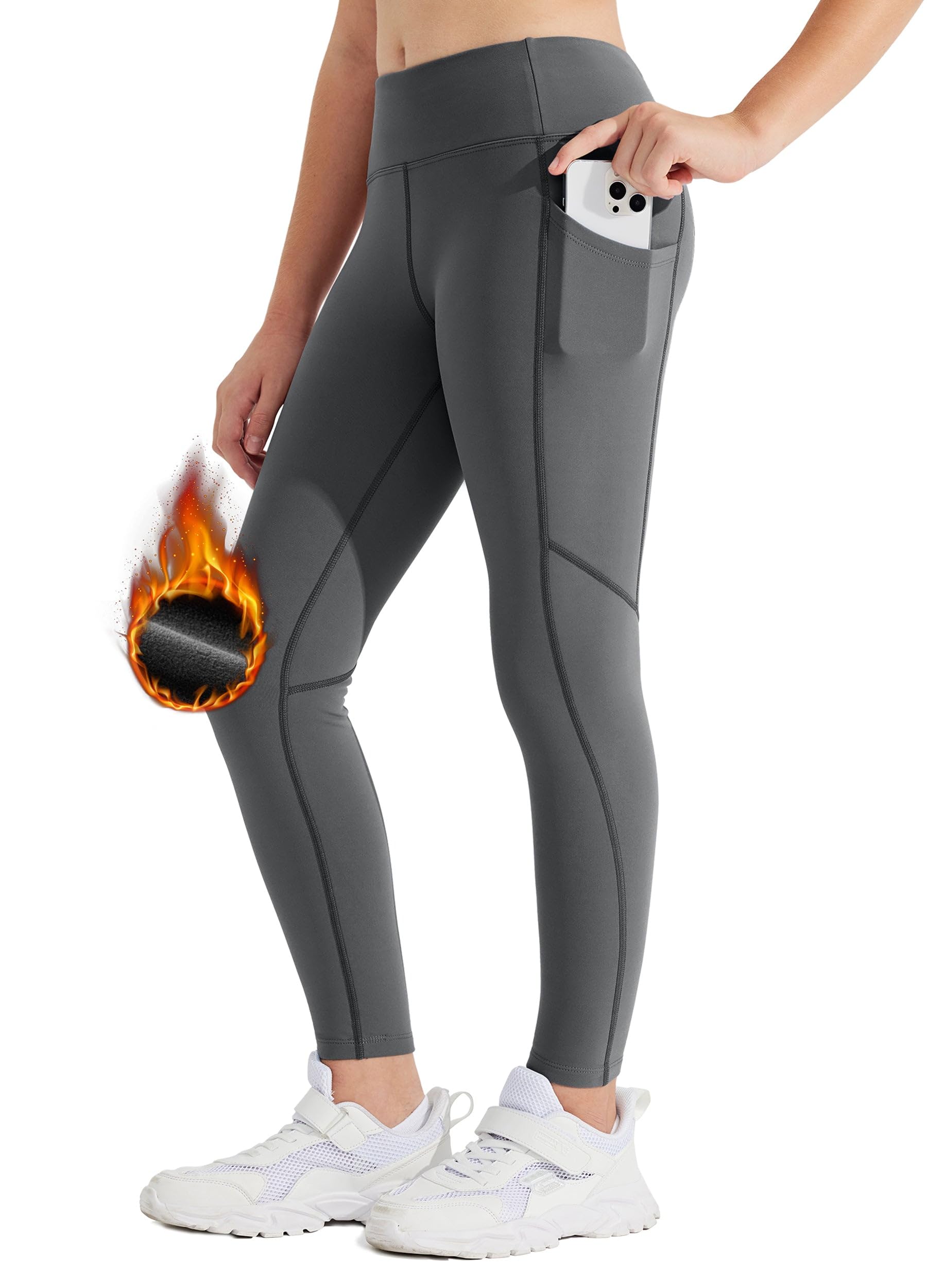 Willit Leggings con forro polar para niñas con bolsillos, resistentes al agua, mallas térmicas