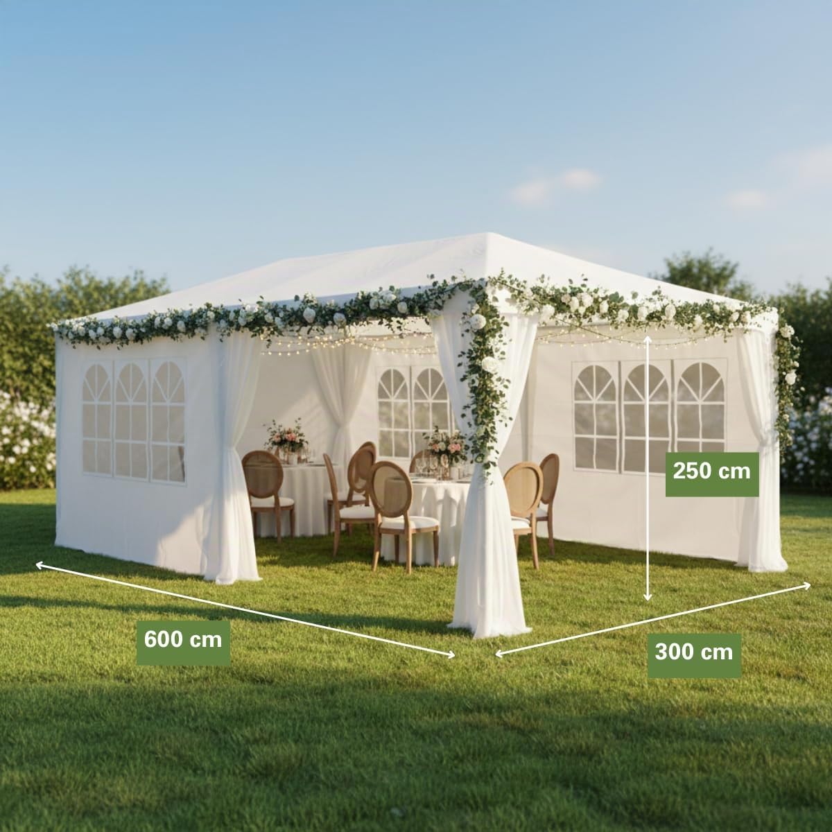Kinzo Pavillon 3x6 m - Partyzelt für 70 Personen - Gartenpavillon mit 6 Seitenwänden und Firsthöhe 2,5 m - Party Zelt Wasserdicht und UV-beständig - Weiß