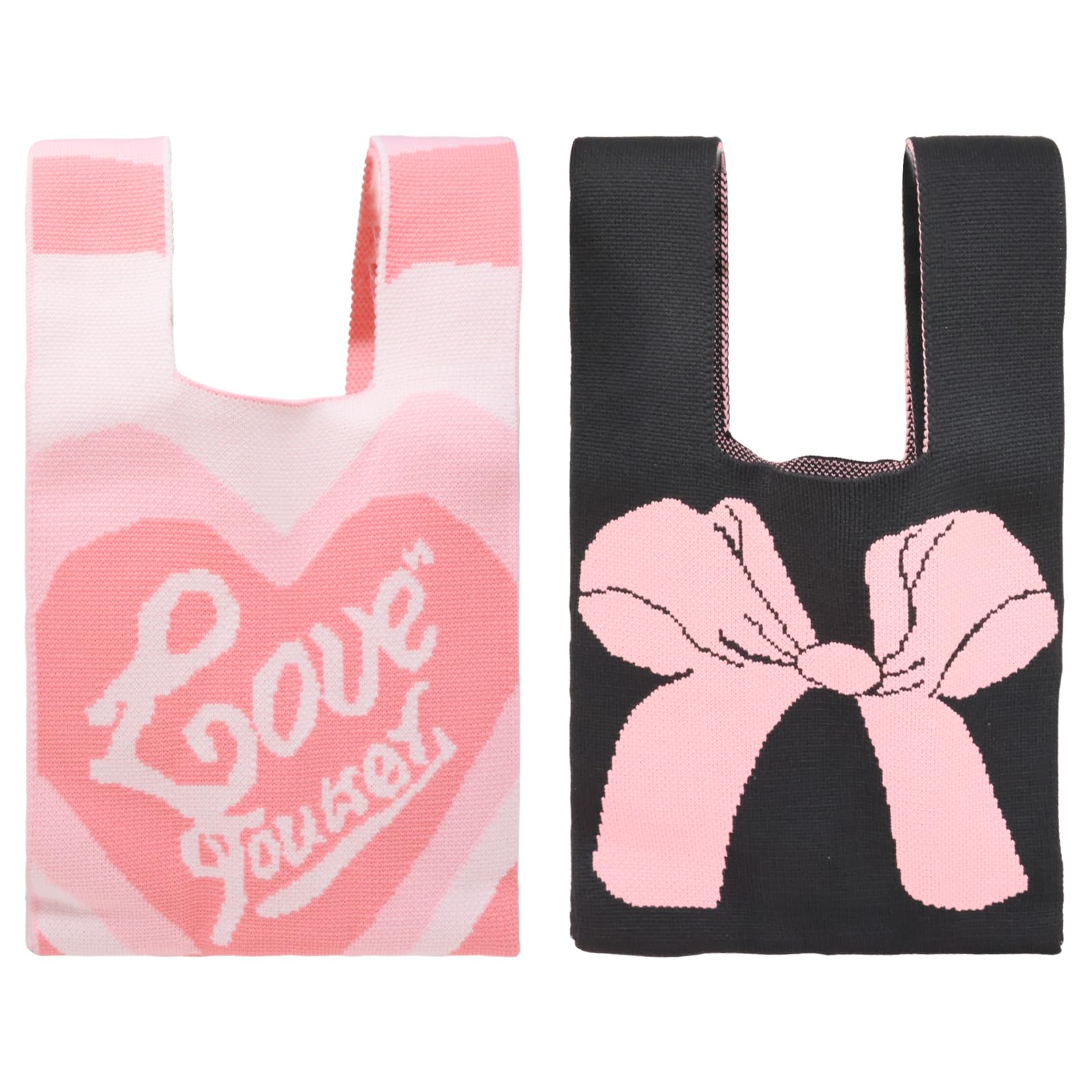 yueton 2 Pack Cute Wristlet Handbag Pink Bow Wrist Bag Adorable Crochet Purse Stylish Mini Tote Bag Black Knit Purse for Women