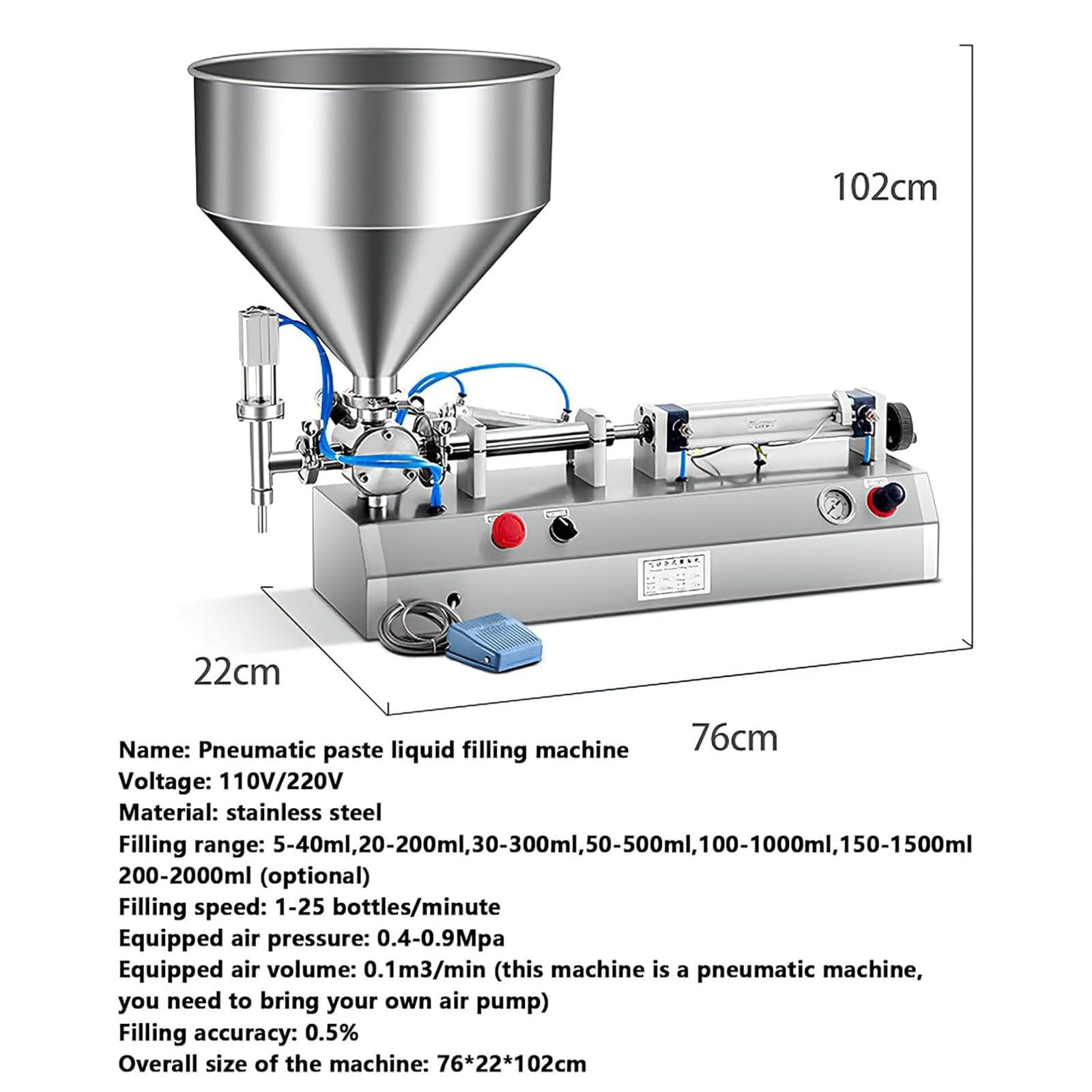 Máquina neumática de llenado de líquidos, dispensador de pistón de acero inoxidable para pasta, 300 W, llenado automático para aceites y líquidos, 15-35 latas/min, capacidad de 150-1500 ml