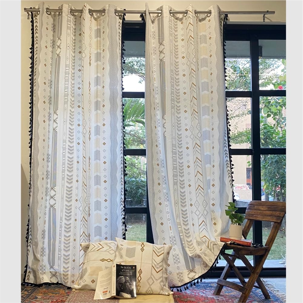 Urban Space 100% Cotton Curtain for Long Door, Boho Decorative Curtains 8 feet with Eyelets and Tieback, Pack of 2 Curtains with 2 Cushion Covers (8 x 4ft, Cushion Cover- 16 x 16 inch, Boho Grey) (B0CR7RXZG2) Amazon Price History, Amazon Price Tracker