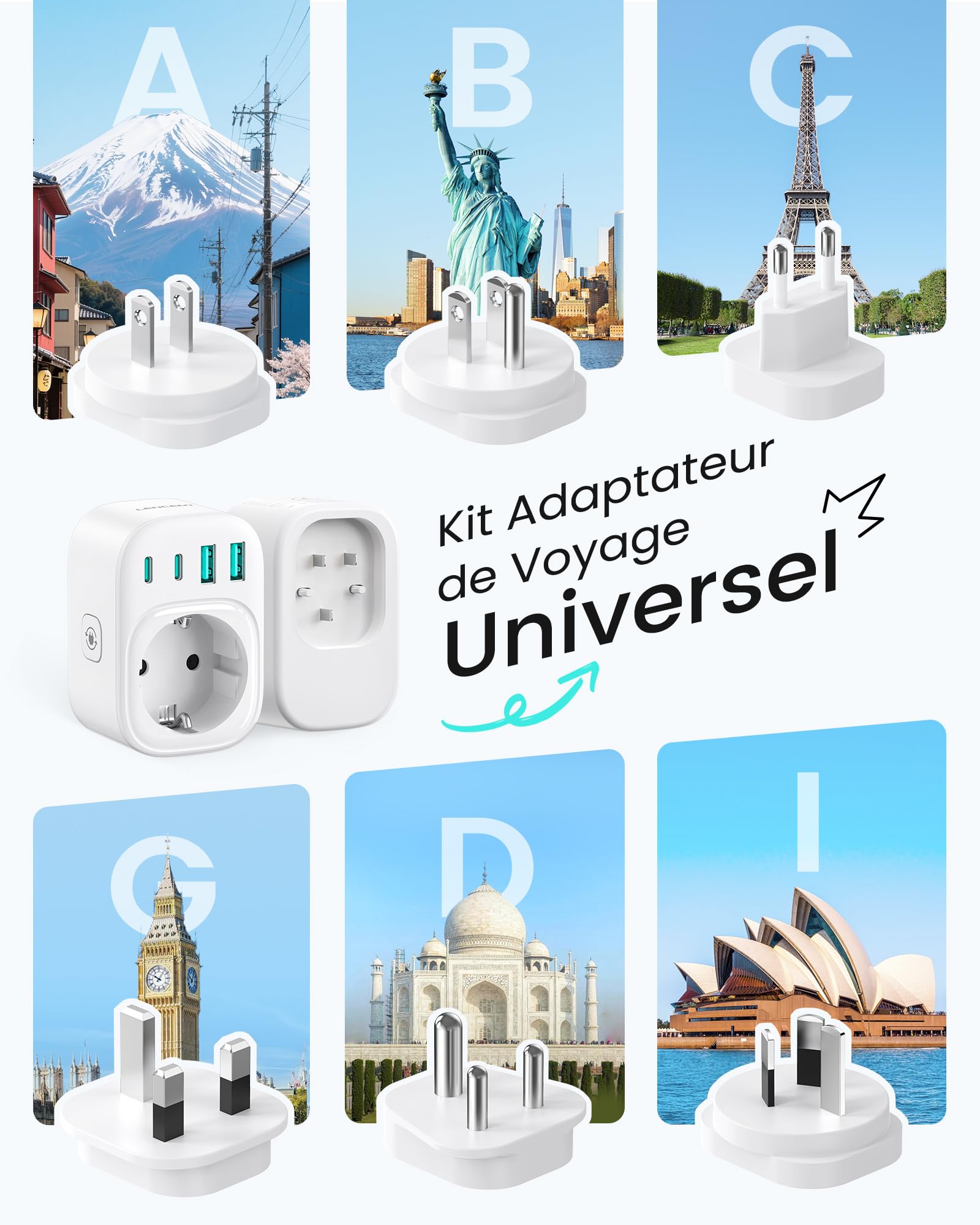 LENCENT Adaptateur de Voyage Universel Type A, B, C, D, G, I – 6 fiches détachables, Prise Internationale pour USA, UK, Japon, Inde, Costa Rica, Mexique, Thaïlande, Maldives, Sri Lanka, Australie