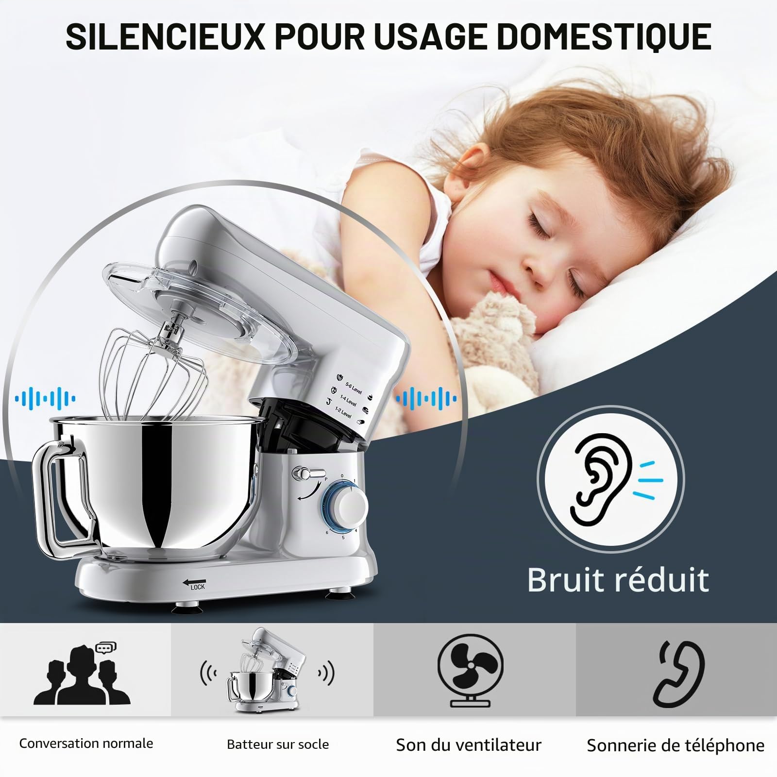 Robot Patissier, 2000W Robot Cuisine Multifonctions 6,5L Faible Bruit | Robot Pétrin Professionnel avec Crochet Pétrisseur, Batteur, Fouet à Fil, Couvercle, 6+P Vitesses