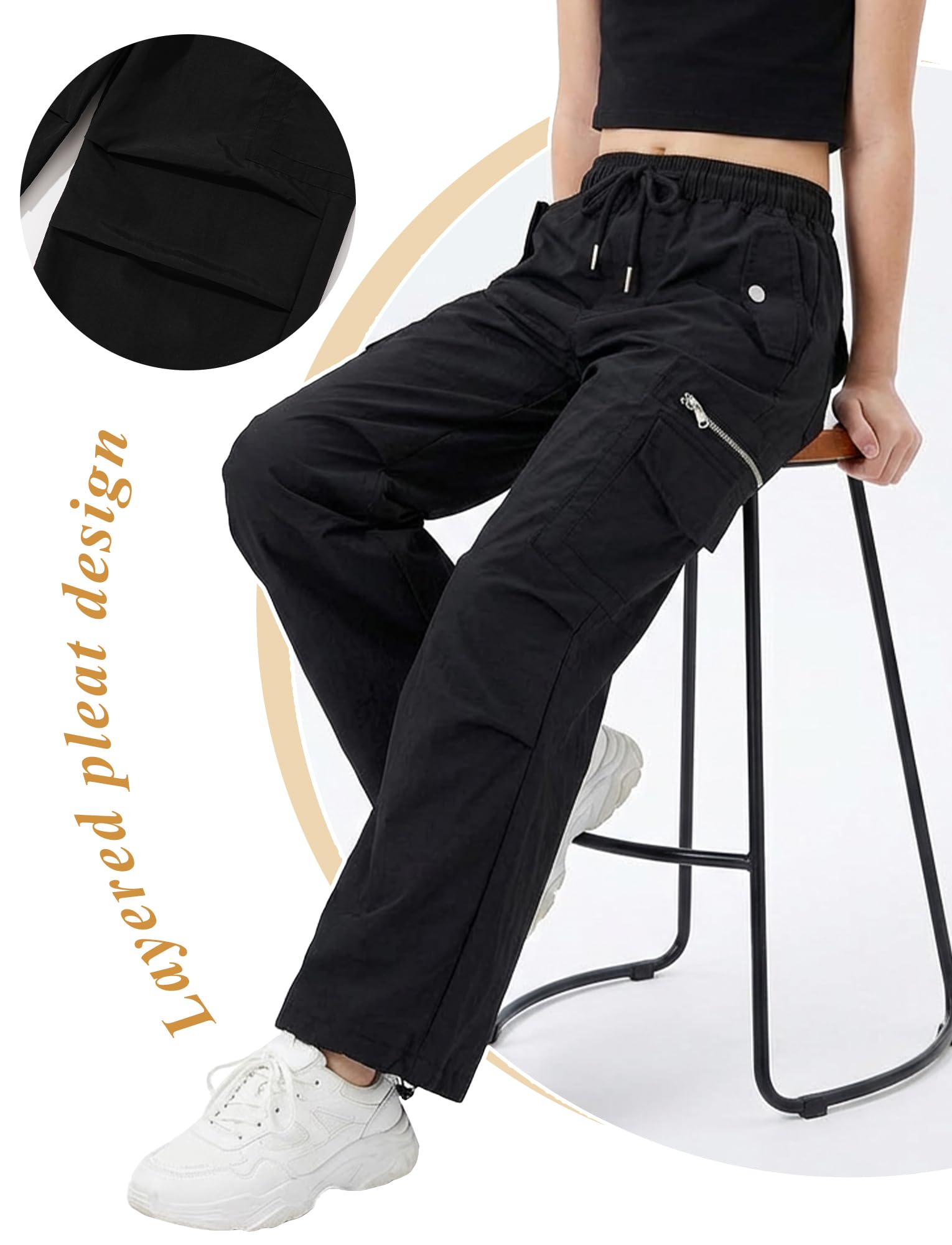 Maeau Meau - Pantalones cargo para niñas, cintura elástica alta, con cordón, pantalones holgados con múltiples bolsillos, ropa de calle casual, pantalones cargo de secado rápido para deportes casuales