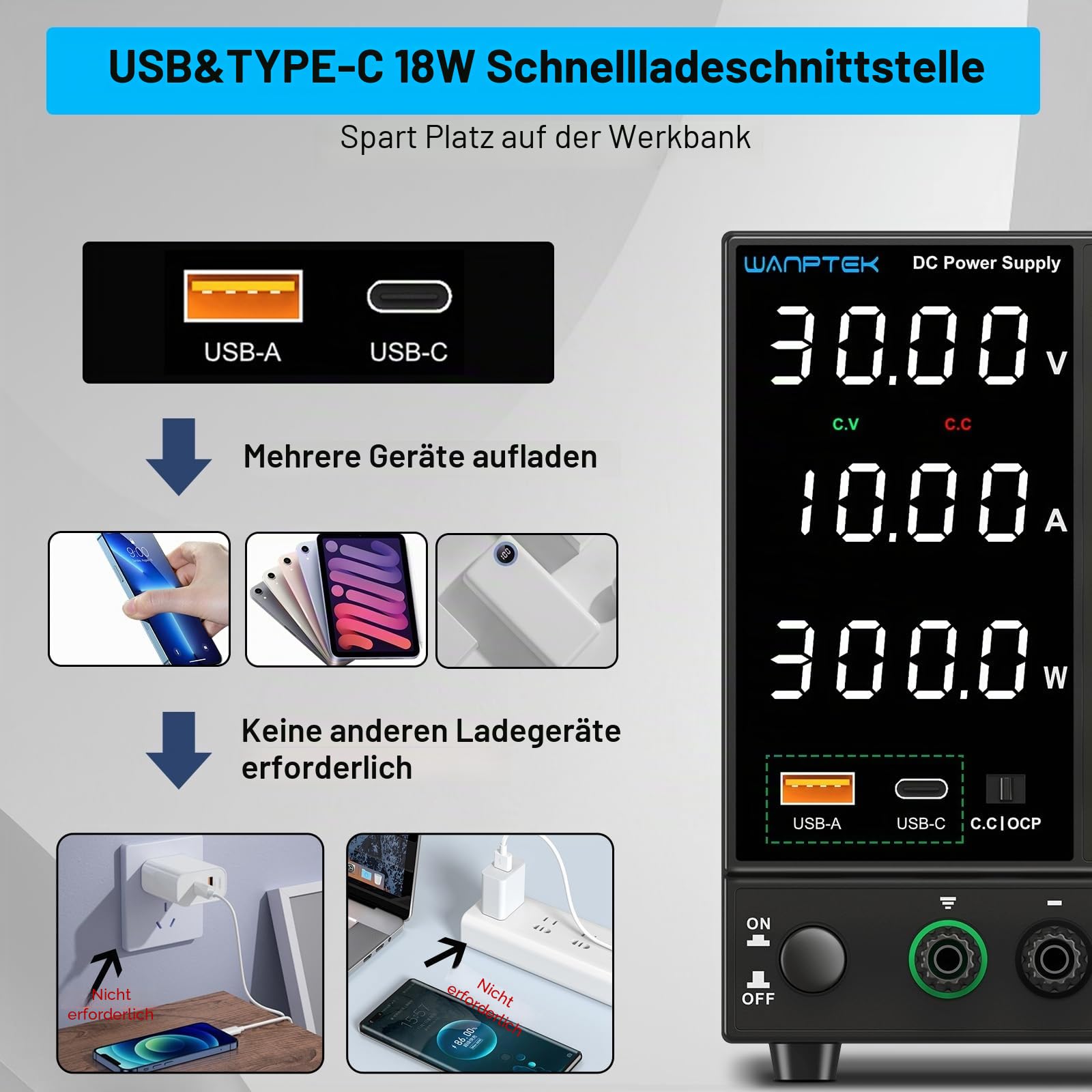 Labornetzteil 30V 10A, Labornetzgerät mit OCP-Schutz/USB-A/Type-C Schnellladeanschluss, Variables DC Regelbares Netzgerät mit 4-Stellige LED-Anzeige Gebereinstellknopf