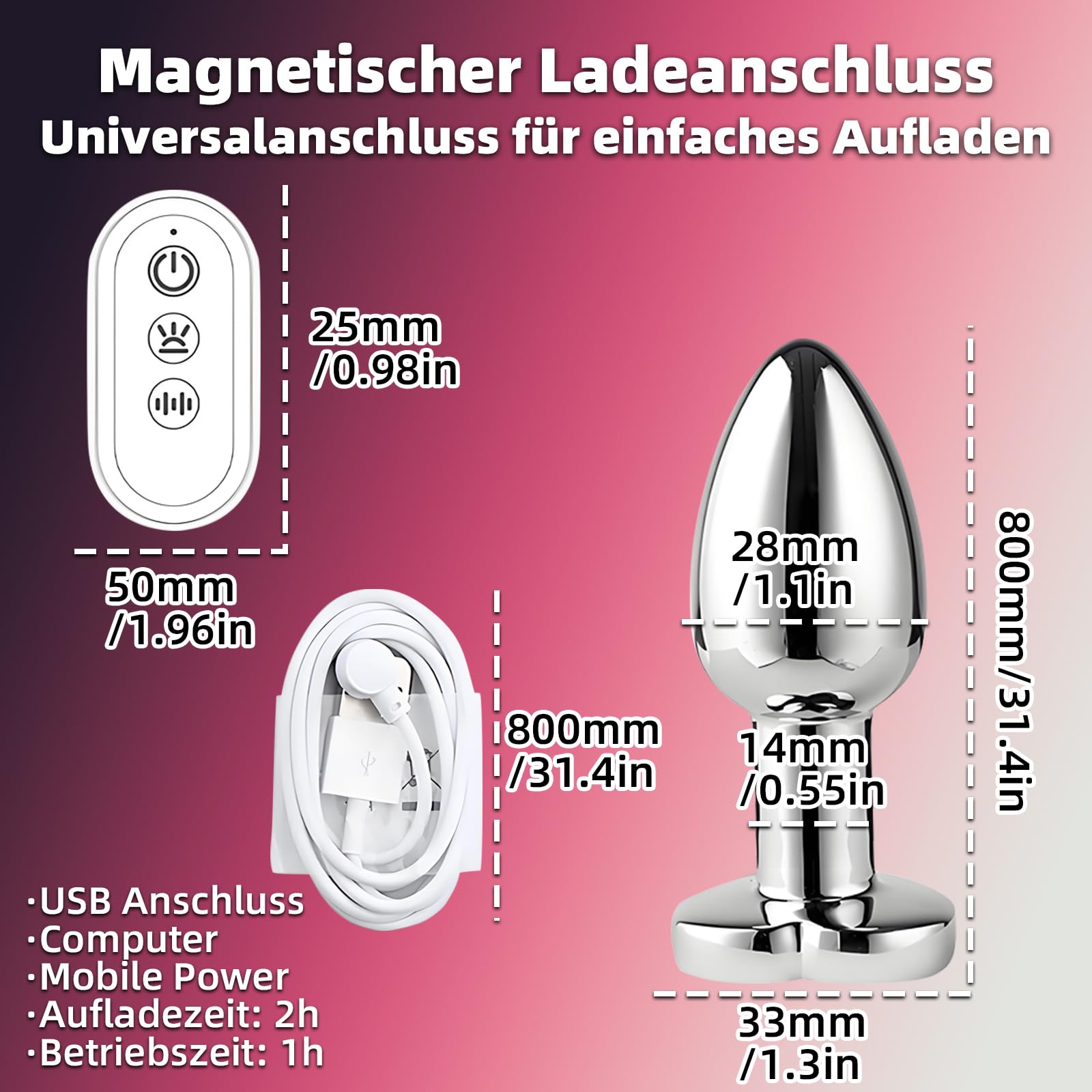 AMAZBEE Plug anale vibrante Vibratore Butt Plug per donne uomini Hearted Light Up Massaggiatore della prostata con telecomando Giocattoli sessuali elettrici in acciaio inox (S)