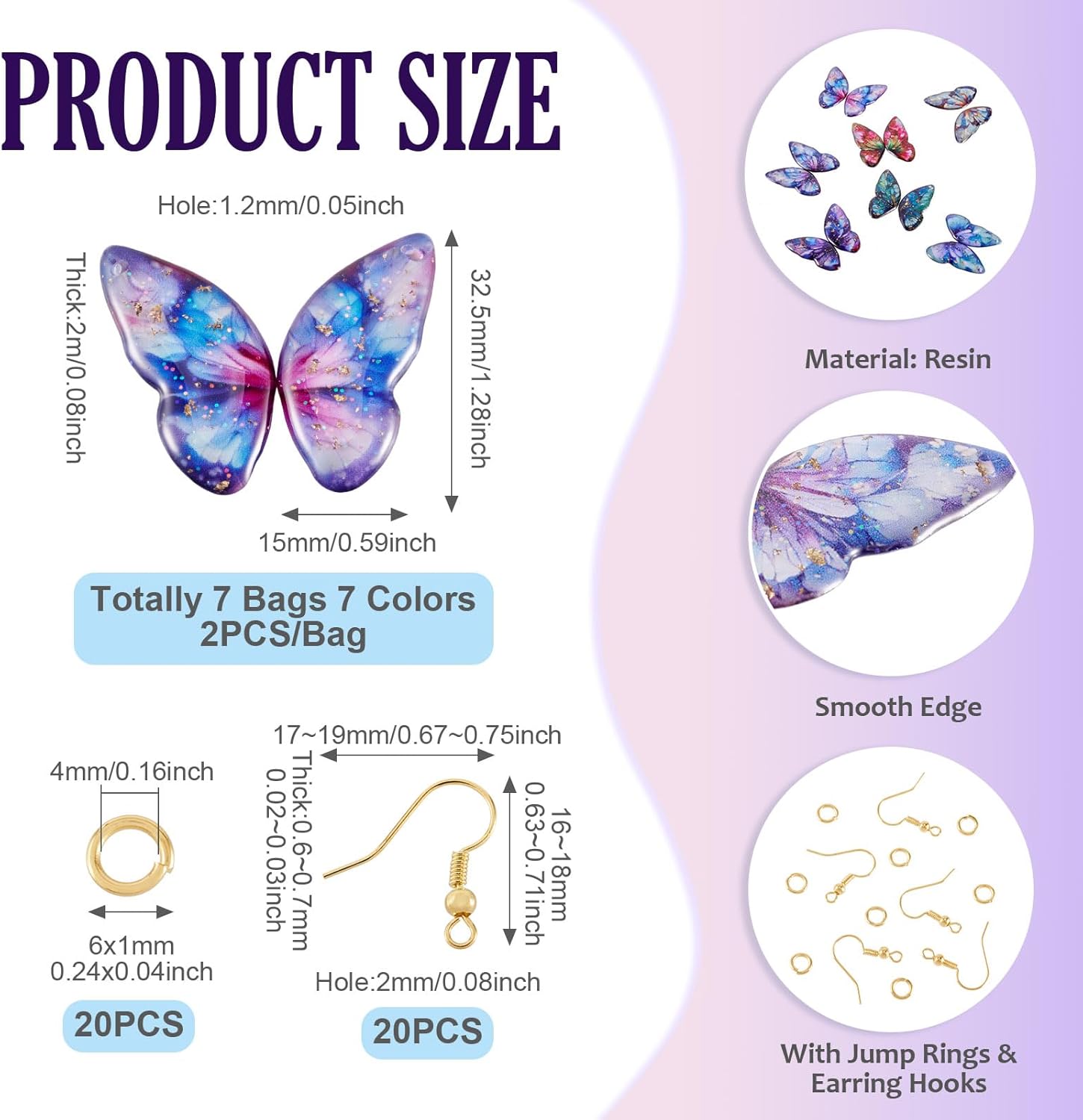 FASHEWELRY 14Pcs Resin Butterfly Wing Charms for Earring, Gradient Insect Wing Pendants Colorful Feather Wings Charms with Gold Foil for Jewelry Making - Earring Hooks & Jump Rings - Image 5