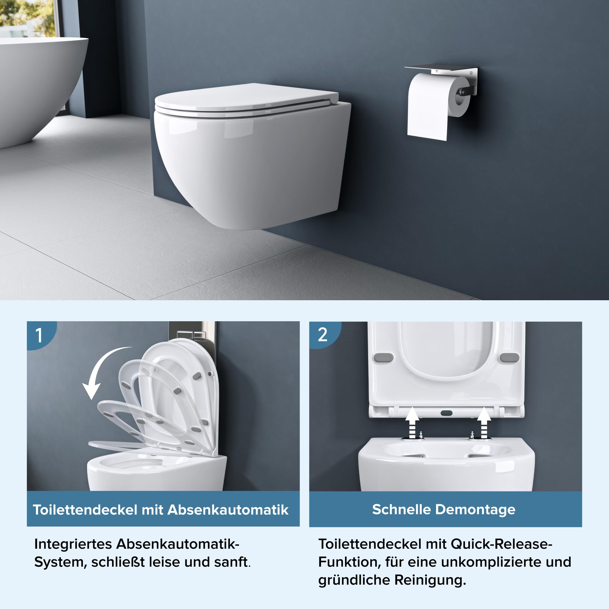 doporro Hänge WC mit Bidet Funktion, weiß Toilette Tiefspüler, Wand WC Spülrandlos mit Absenkautomatik, leises und sparsames Spülsystem 3/4,5 l, 50 x 36 x 36 cm, Aachen179 neu