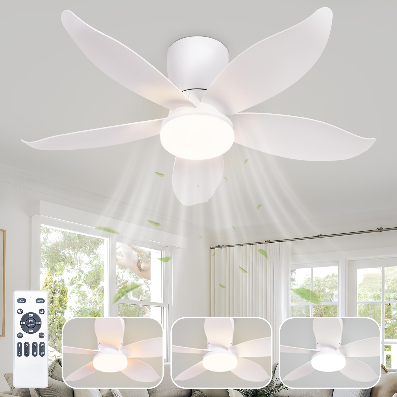 Glitzerlife LED wentylator sufitowy z oświetleniem i pilotem - 34W, 95cm biały, 6 prędkości, cichy, ściemnialny, do sypialni i salonu