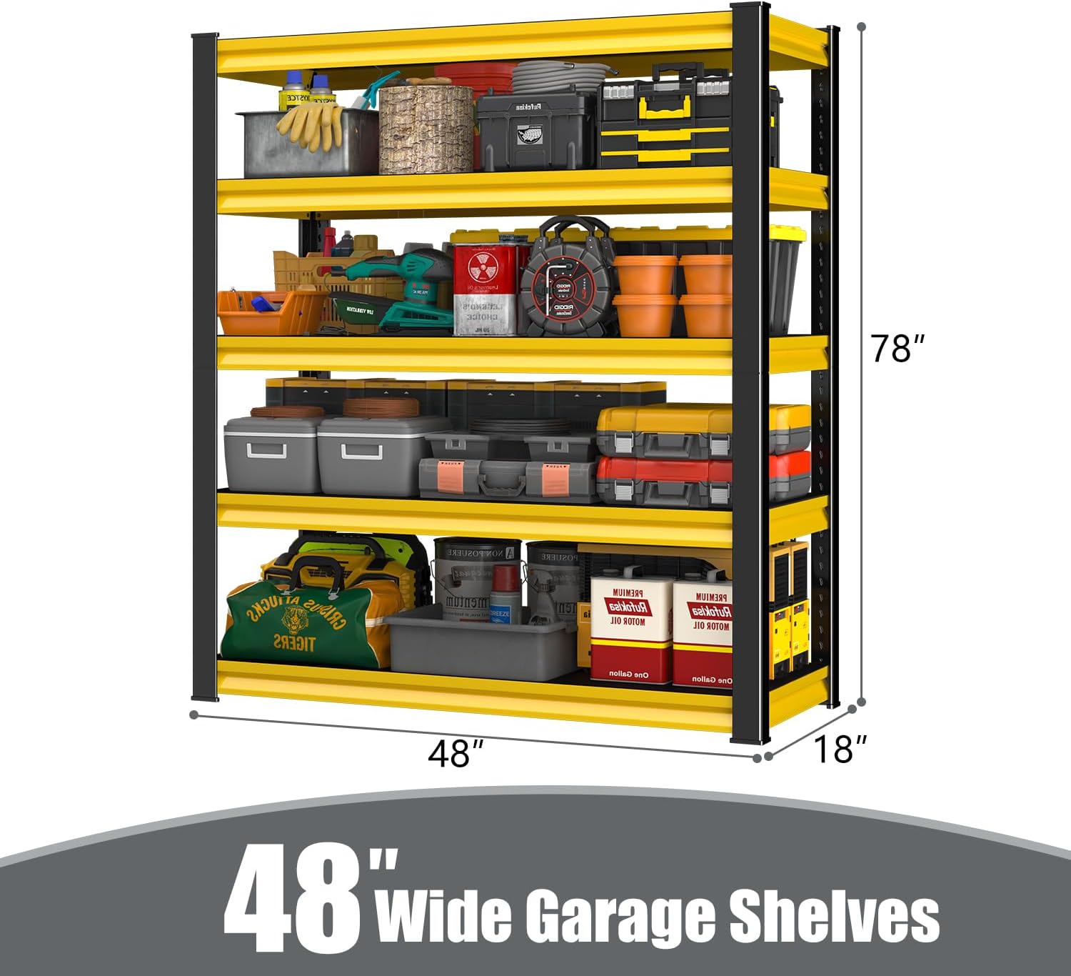 48" W Garage Shelving Heavy Duty,2800LBS Loads Adjustable Garage Storage Shelves,5-Tier Metal Storage Racks and Shelving Units,Utility Rack Shelves,48" Wx18 Dx78 H,Yellow