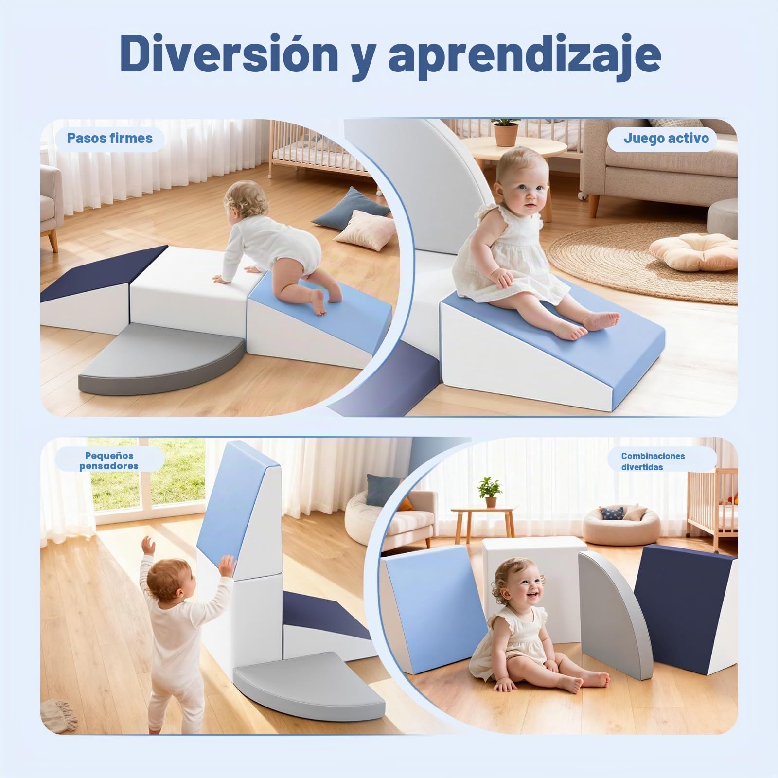 Juego de 4 Bloques de Espuma para Niños: Cuero sintético Bloques Psicomotricidad Infantil - Set de Escalada Escalera Doble Rampa para Interior Infantil para Escalar y Niños (Azul)