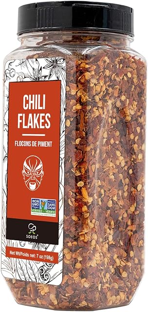 Soeos Flakes de Chili haut de gamme Sichuan 7 oz (198g) Toutes naturelles, non-OGM, moyennes épices chaudes pour la cuisine.