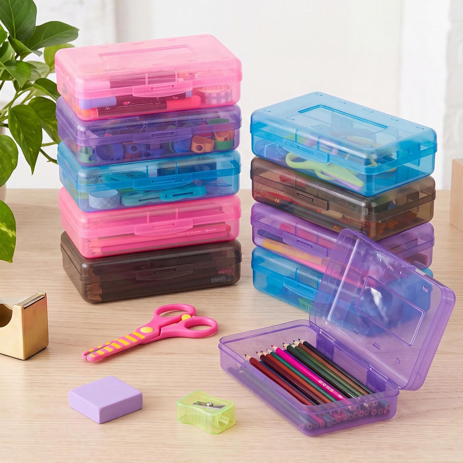 Fainne 12 Pcs Plastic Pencil Boxes Bulk,Clear Pencil Case,Dark Colors