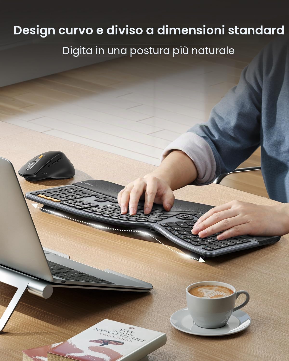 ProtoArc EKM01 Plus Tastiera Ergonomica Mouse Wireless Bluetooth Ergo Keyboard Mouse Combo, Imbottito Palm Rest, Split Design, Ricaricabile, Compatibile per Windows, Mac OS, Grigio e Nero