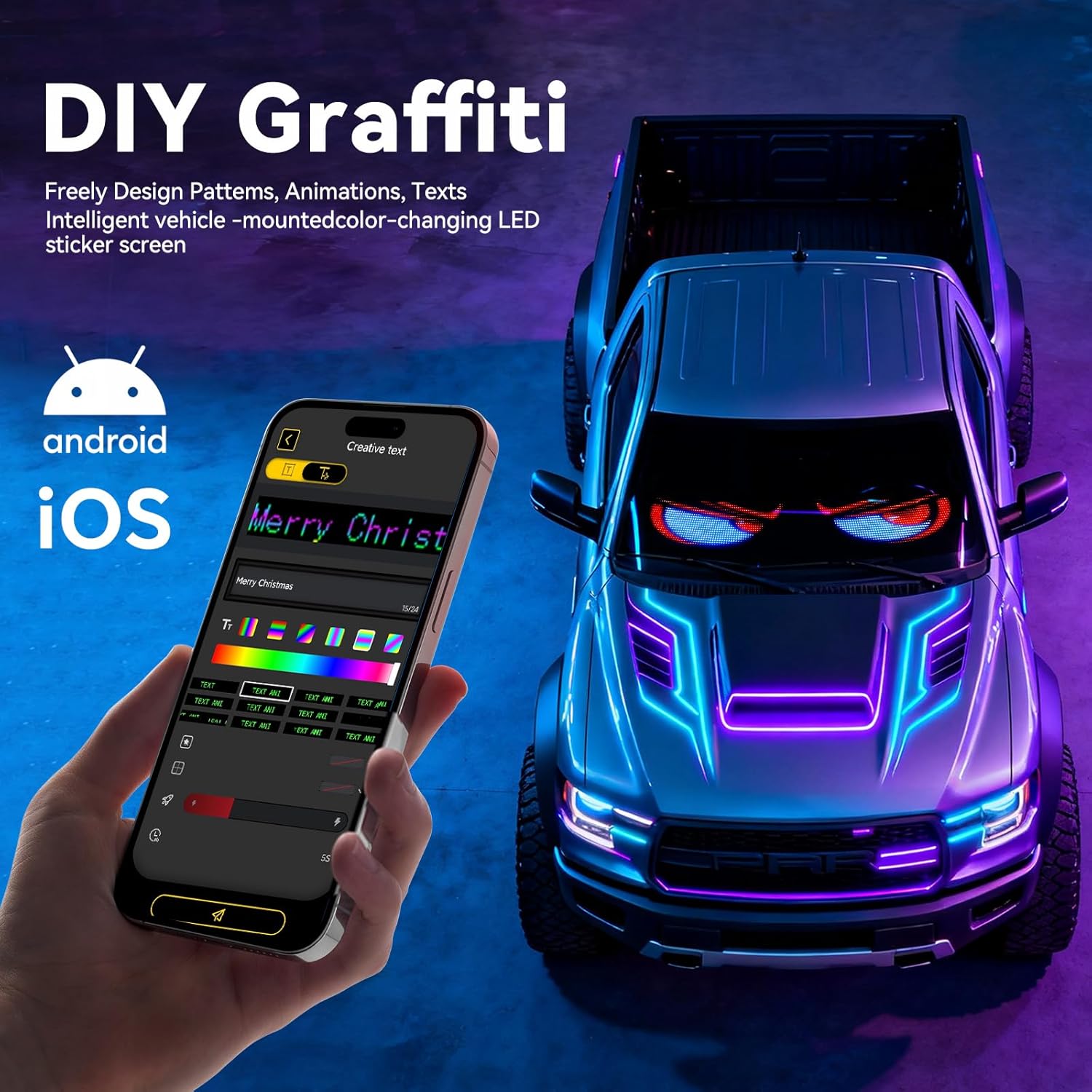 Devil Eyes Windshield LED Light 2PCS 13.7"x4" - Sync Programmable with APP/Remote, 5V USB-Powered IP65 Waterproof Flexible Bright Display & Easy Install for Cars, Trucks, SUVs & Sedans