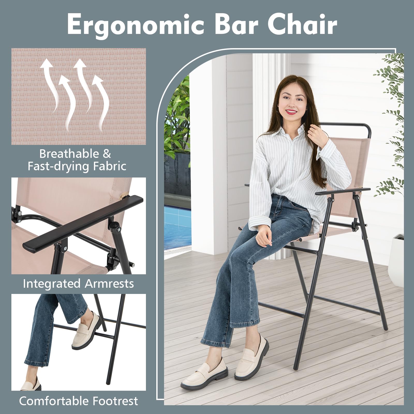 GIANTEX Set da Bistrò, Tavolo Alto Rotondo con Piano in Vetro e 2 Sedie Pieghevoli, Tessuto Traspirante, Set di Mobili per 2 Persone, per Balcone, Terrazza, Giardino (Senza Ombrellone)