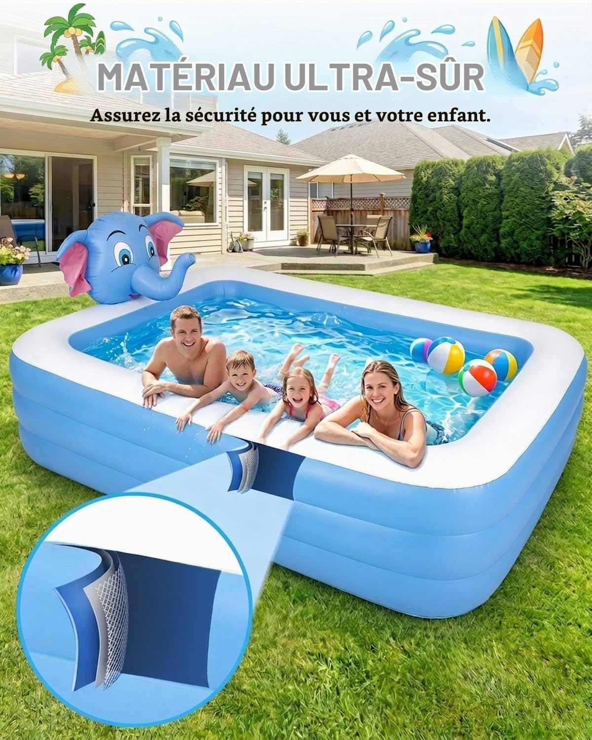 Piscine gonflable avec arroseur, tête d'éléphant 3D pour adultes, 200 x 150 x 50 cm, piscine de loisirs familiale, piscine pour enfants, jardin, cour ou intérieur