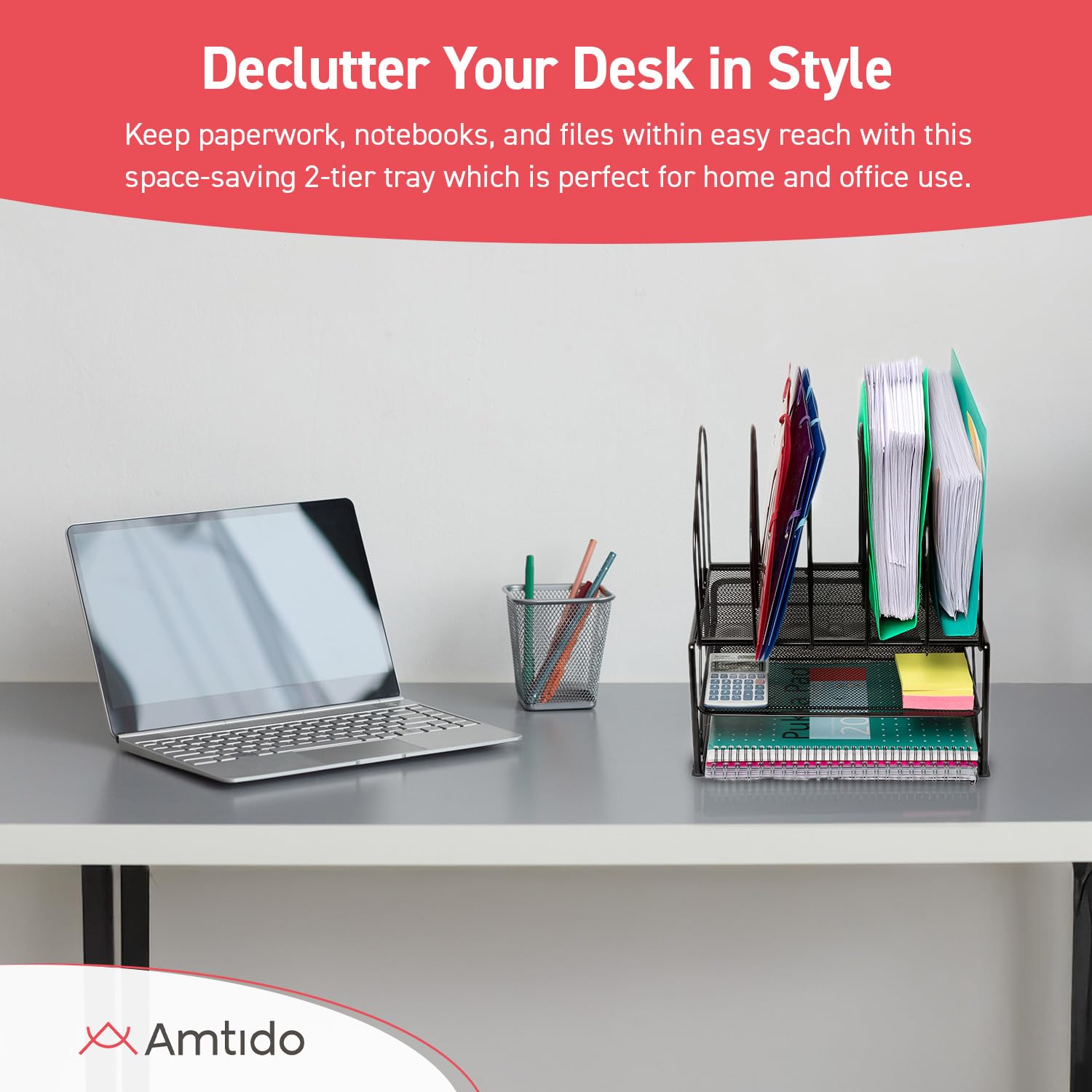Amtido Mesh Schreibtisch-Organizer mit Ablage & 5 Fächern - Ablage für Ordner, Dokumente, Papier & Briefe - Schreibtischzubehör für Zuhause & Büro - REgal für Bürobedarf – Schwarz