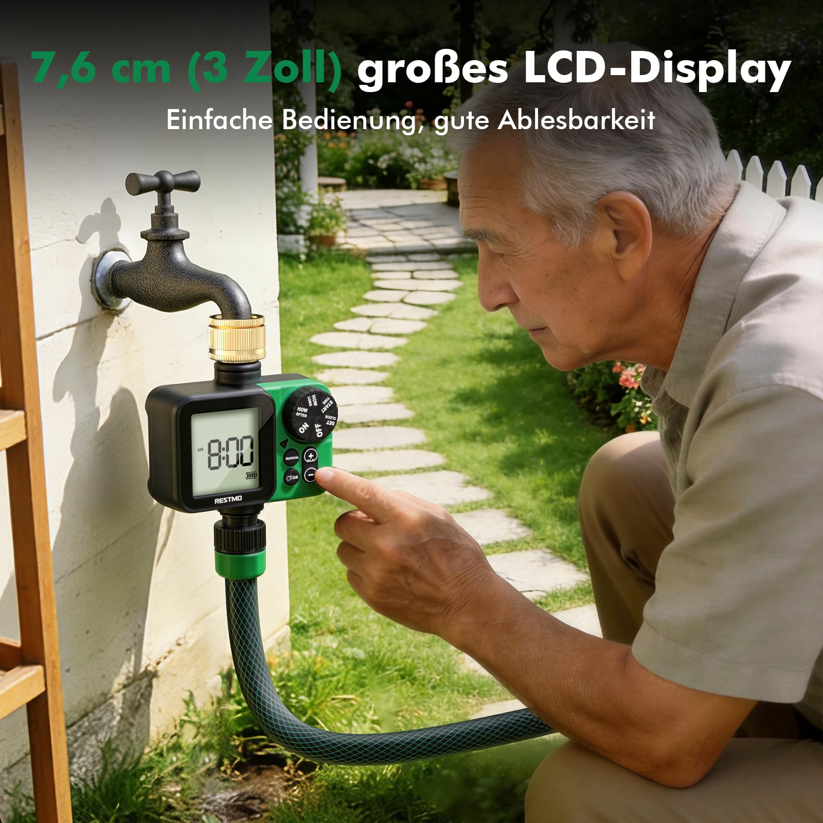 RESTMO 1-Zonen Bewässerungscomputer, Bewässerungsuhr für Garten | großes Display, automatisch/manuell/Regenverzögerung (12/24/48/72 h), für Gartenschlauch & Außenwasserhahn, Rasen & Beete