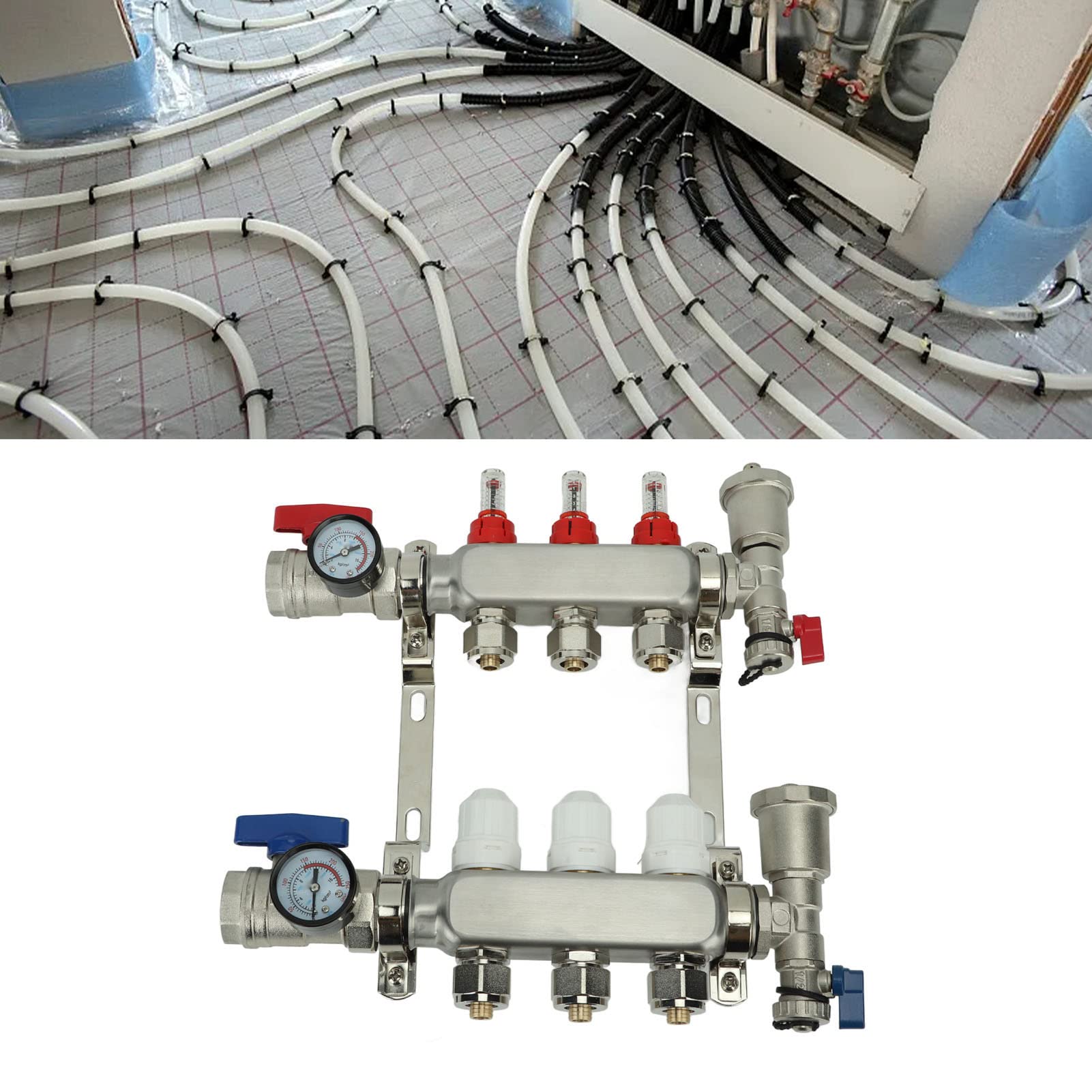 EMUKOEP Colector de Calor Radiante de 3 Bucles con Medidor de Flujo de Alta Precisión, Manómetro, Kit de Colector de Calor para Piso G1in