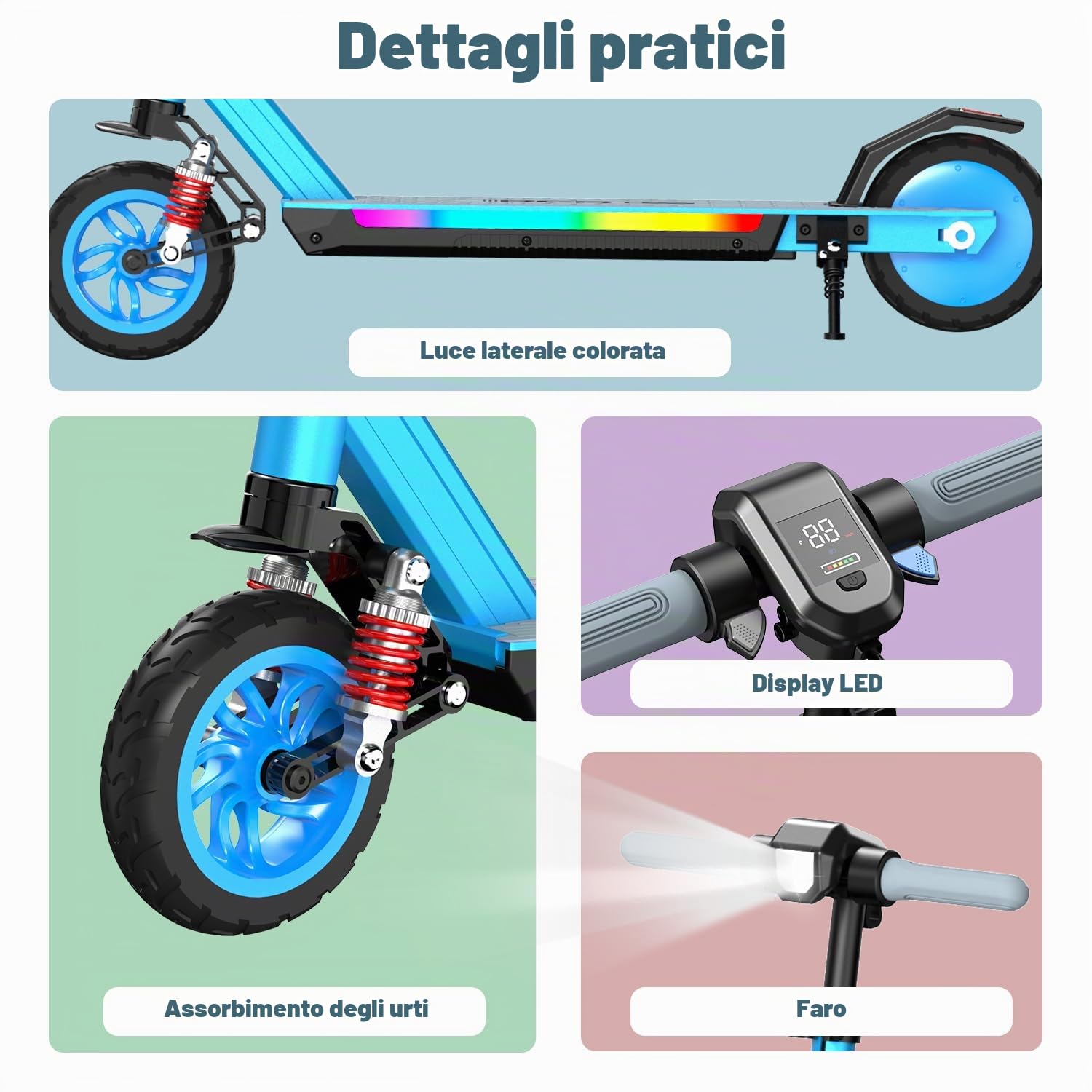 RCB R12 MAX Monopattino Elettrico per Bambini 6-12 Anni, Max 18Km/h & 15 km, Sospensione,Manubrio Regolabile, Luce Arcobaleno, 7" Pieghevole E-Scooter,Display a LED, Regalo per Bambini