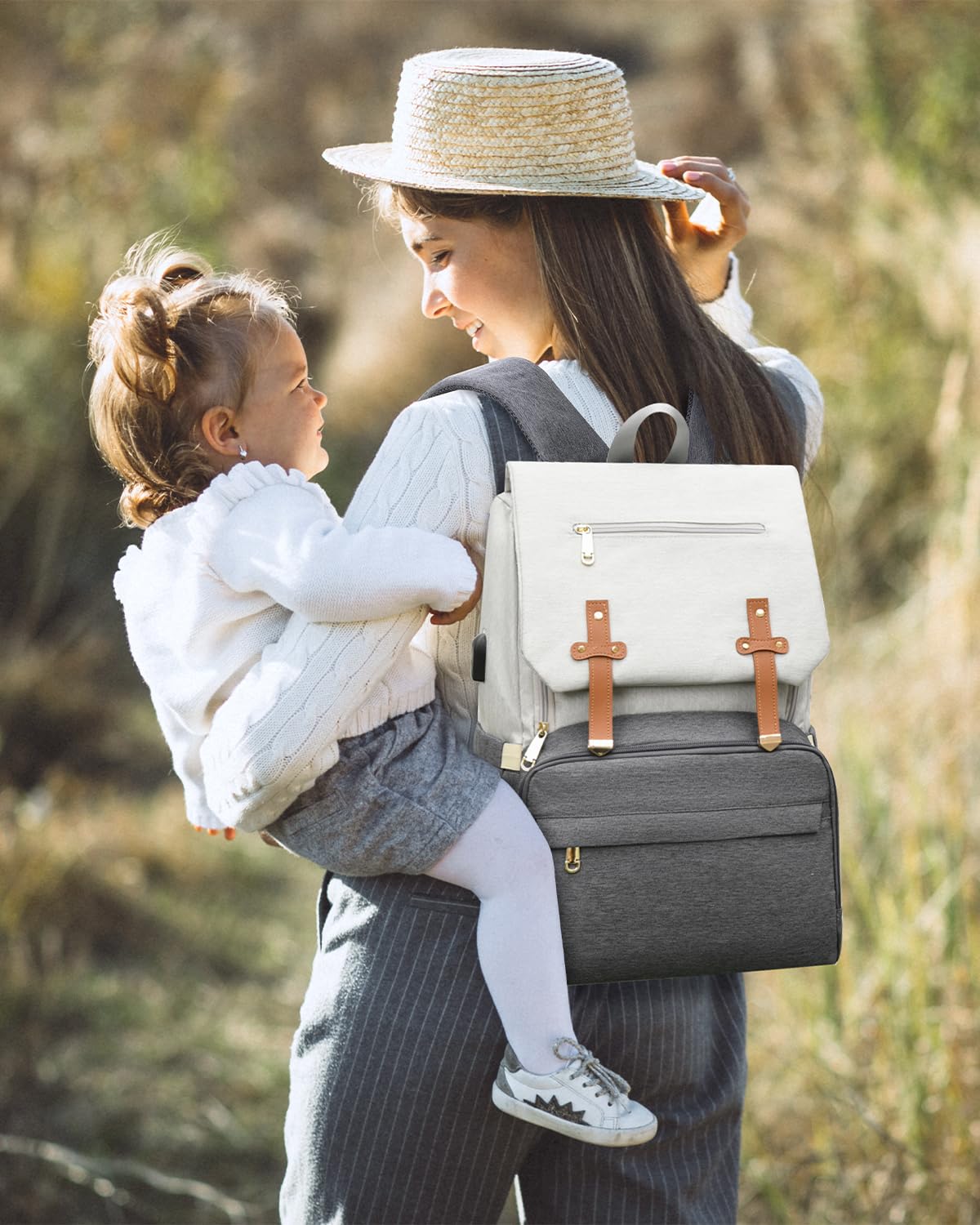Sac à Dos à Langer pour Bébé, Sac a Langers Grande avec Matelas à Langer Portable, Sacs à Couche Maternite Multifonctionnels avec Poches Isothermes Mama, Blanc-Gris