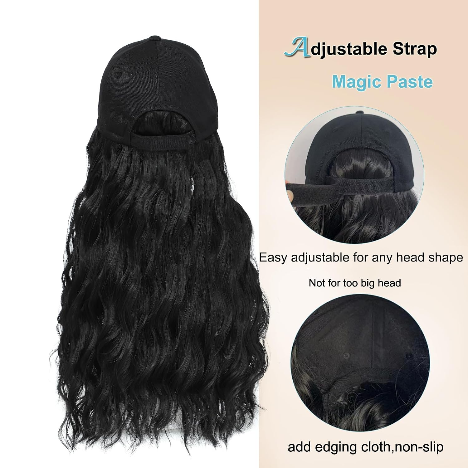 Synthetic Wig Hat with Natural Wave hair Extensions attached for woman Baseball cap wig black curly wavy Hairstyle Adjustable Hat Wig (1B, 22inch)