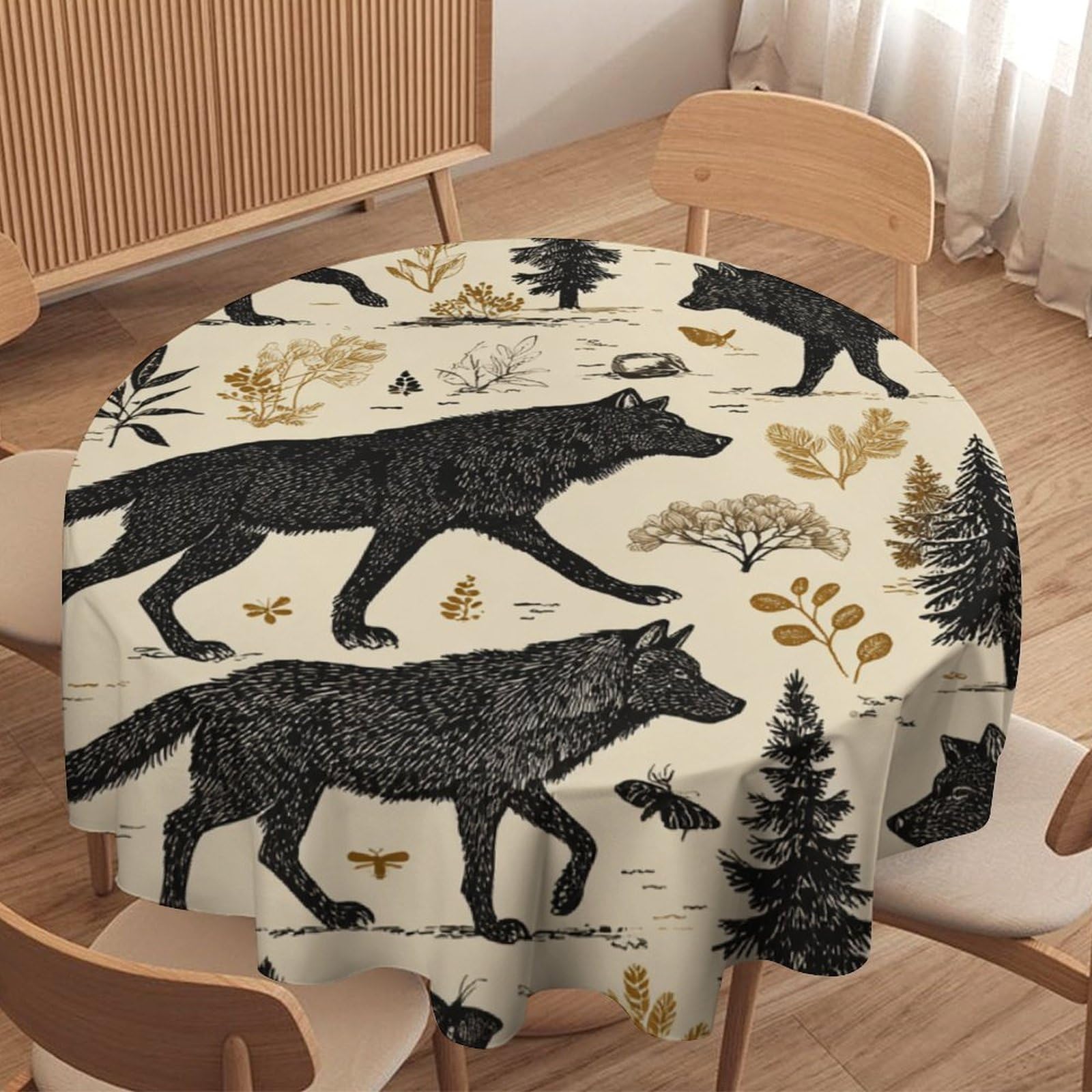 LUYYSKY Classic Minimalist Wolves Silhouettes Round Tablecloth Beautiful Oil Painting Botanical Plants Animals Wolf Print Washable Decor for Table Cover for Kitchen-127 Wx127 L cm