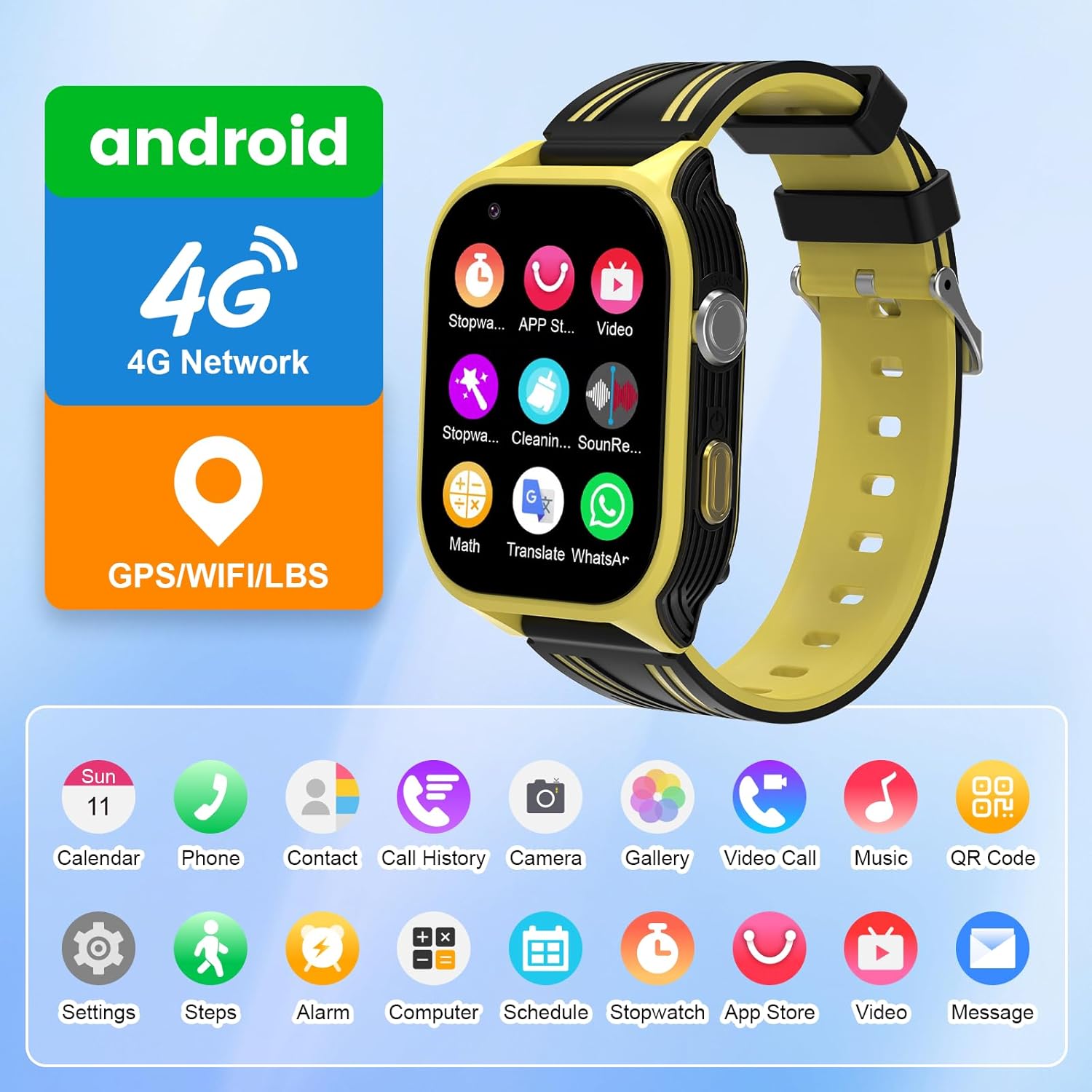 4G Kids Smart Watch - Boys Girls GPS Tracker Kid Smartwatches Phone with SIM Card Whatsapp Bluetooth Video Call SOS Alarm Voice Chat Pedometer Camera Real Time Tracking Smartwatch for Age 4-12 Yellow - Image 3
