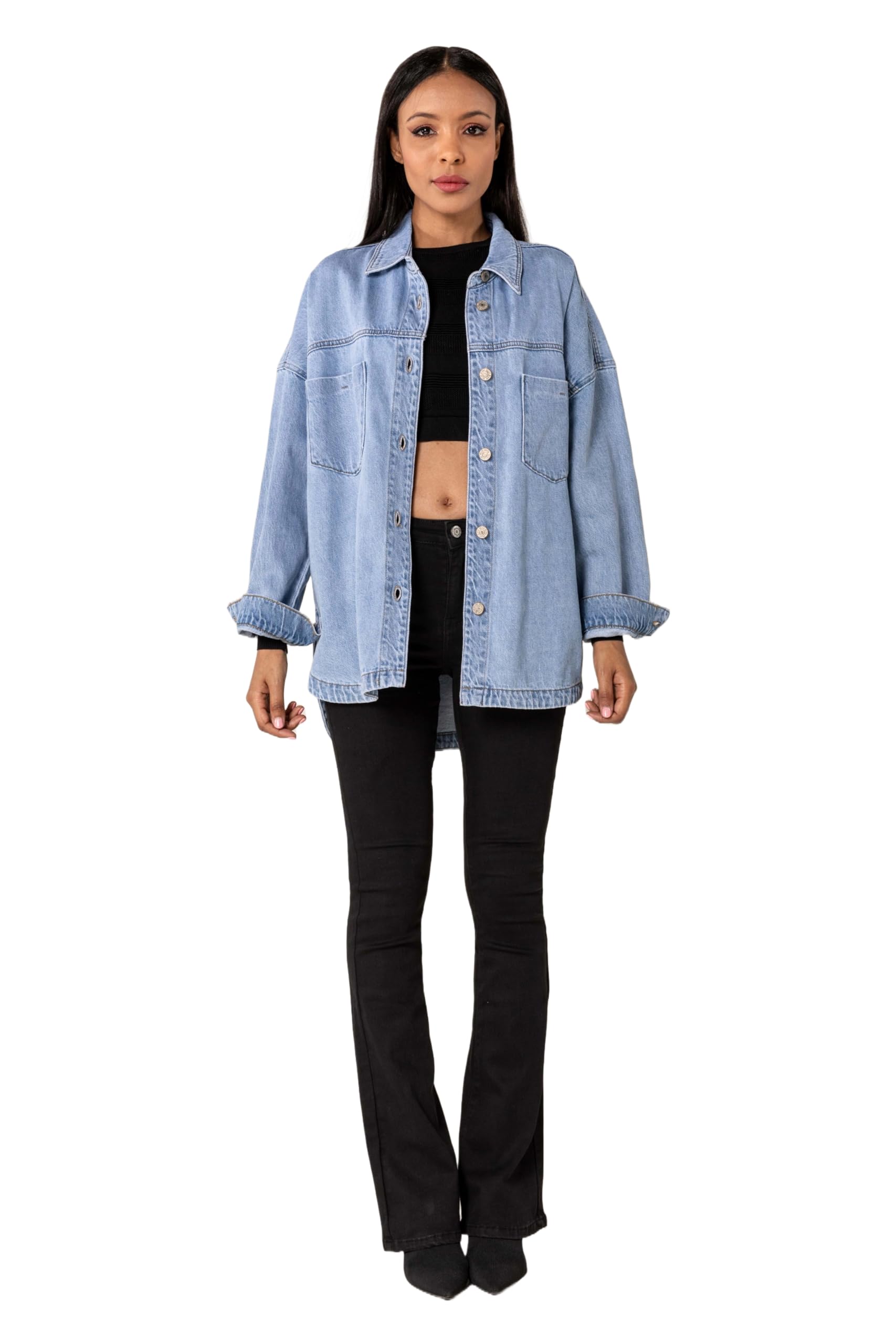 Nina Carter S539 Camisa vaquera de gran tamaño para mujer, chaqueta vaquera ligera, chaqueta de entretiempo, chaqueta de camisa con efecto de lavado, aspecto desgastado, informal