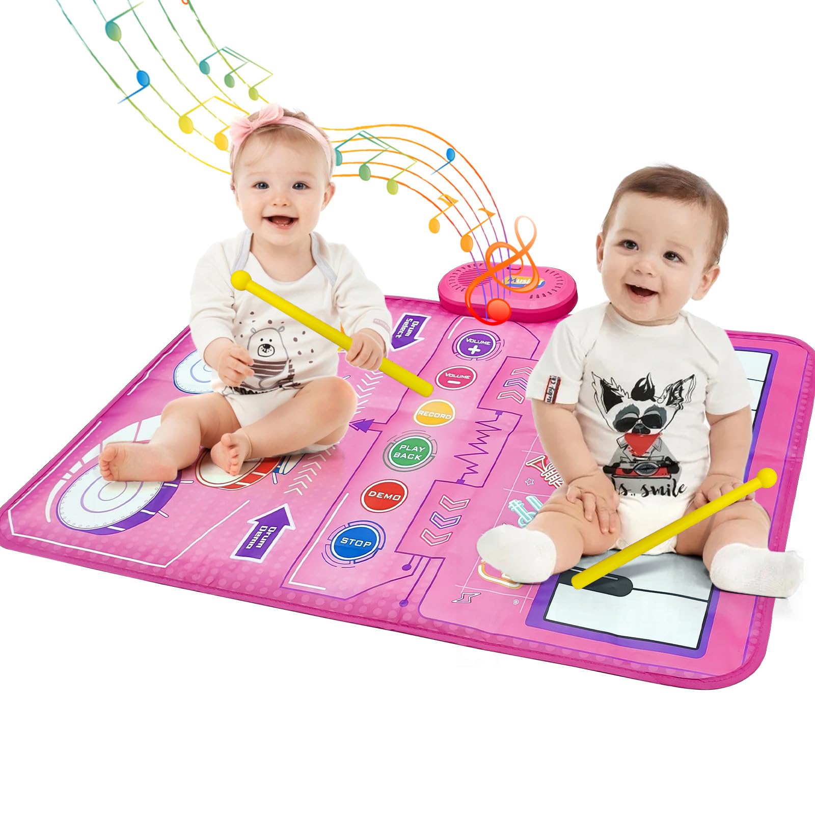 TUNJILOOL Alfombra de Música 2 en 1, Juguetes de Musicals de Tambor para Bebe,Juguetes Portátiles para Bebés 1 Año, Regalos Educativos para Niños Niñas 1 2 3 4 5Años (Rosa)