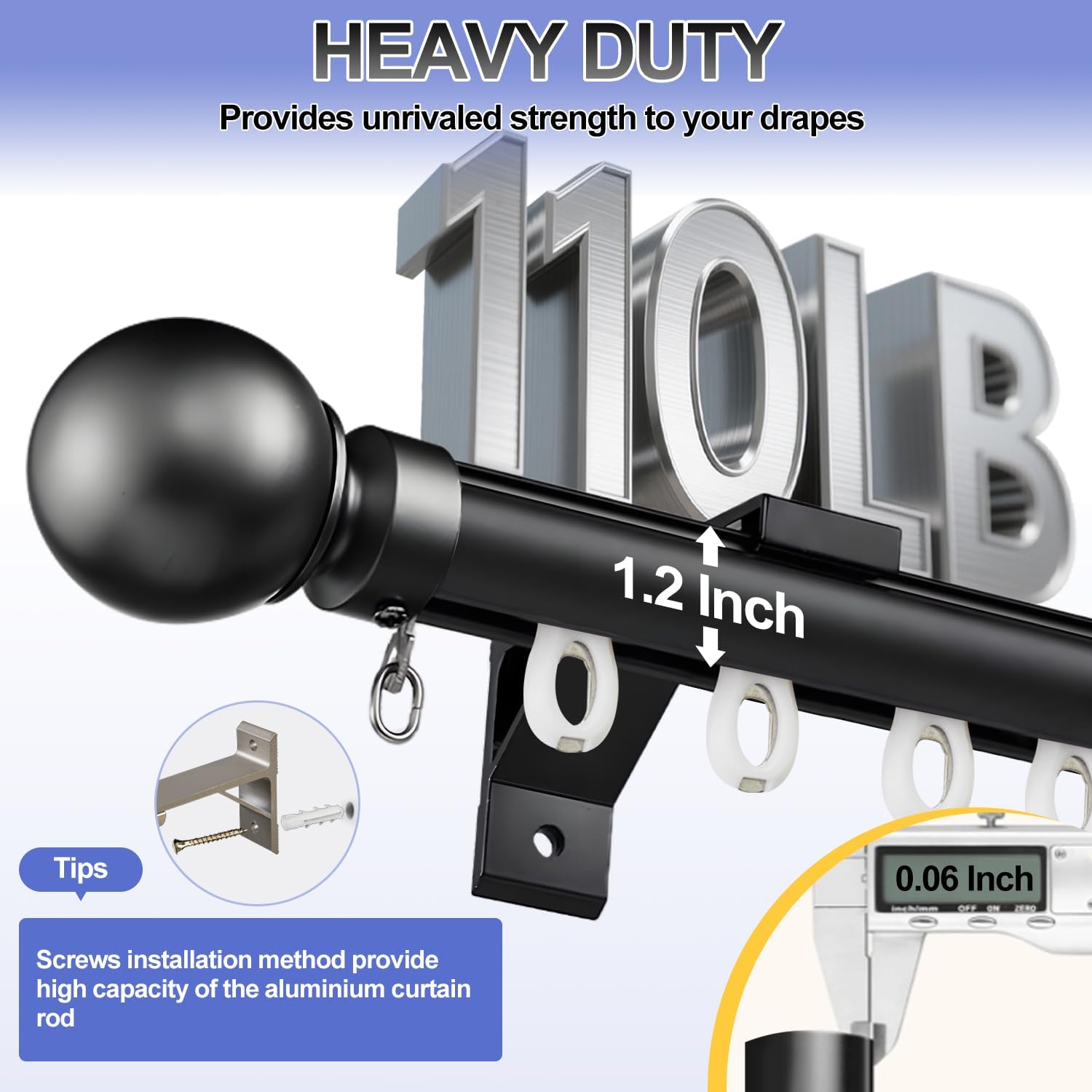 Single Curtain Track for Windows, Wall Mounted Heavy Duty Curtain Rail with Decorative Round Finials, Aluminum Brackets, Silent Easy to Install Track for Bedroom Living Room(Black,1.2m(3.9ft))