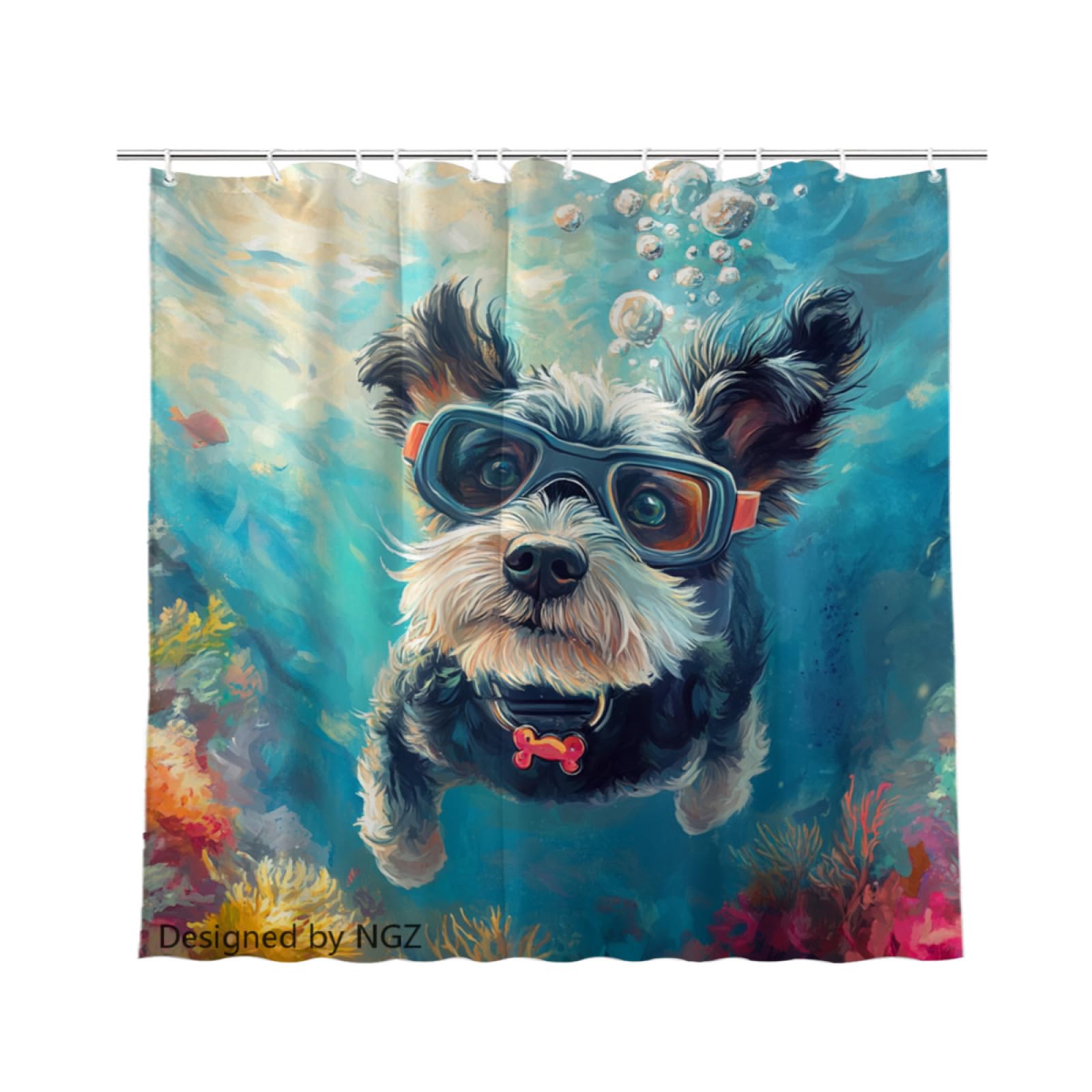 NGZ Blue Schnauzer Shower Curtain, Cute Animal Diving Painting Decorative Bath Curtain, 72 x 72 Inch Fabric Waterproof Bathroom Curtain with 12 Hooks