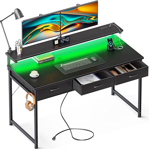 ODK 54 Inch Computer Desk with 3 Drawers and USB Power Outlets, Home Office Desks with LED Lights and Adjustable Monitor Stand, Work from Home,