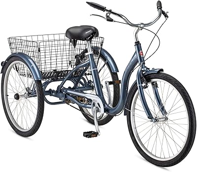 Schwinn Meridian Adult Tricycle Bike, Mens and Womens Three Wheel Beach Cruiser, 24-Inch Wheels, Low Step-Through Frame, Wide Seat, Rear Folding Basket, Single-Speed, Slate Blue