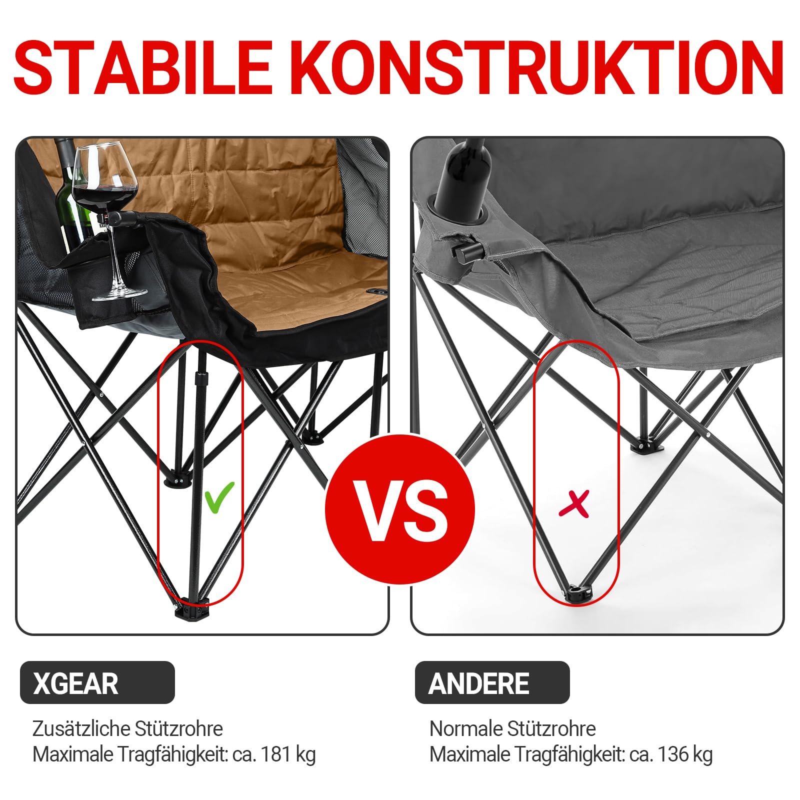 XGEAR Sedia da campeggio pieghevole per 2 persone, portata 320 kg