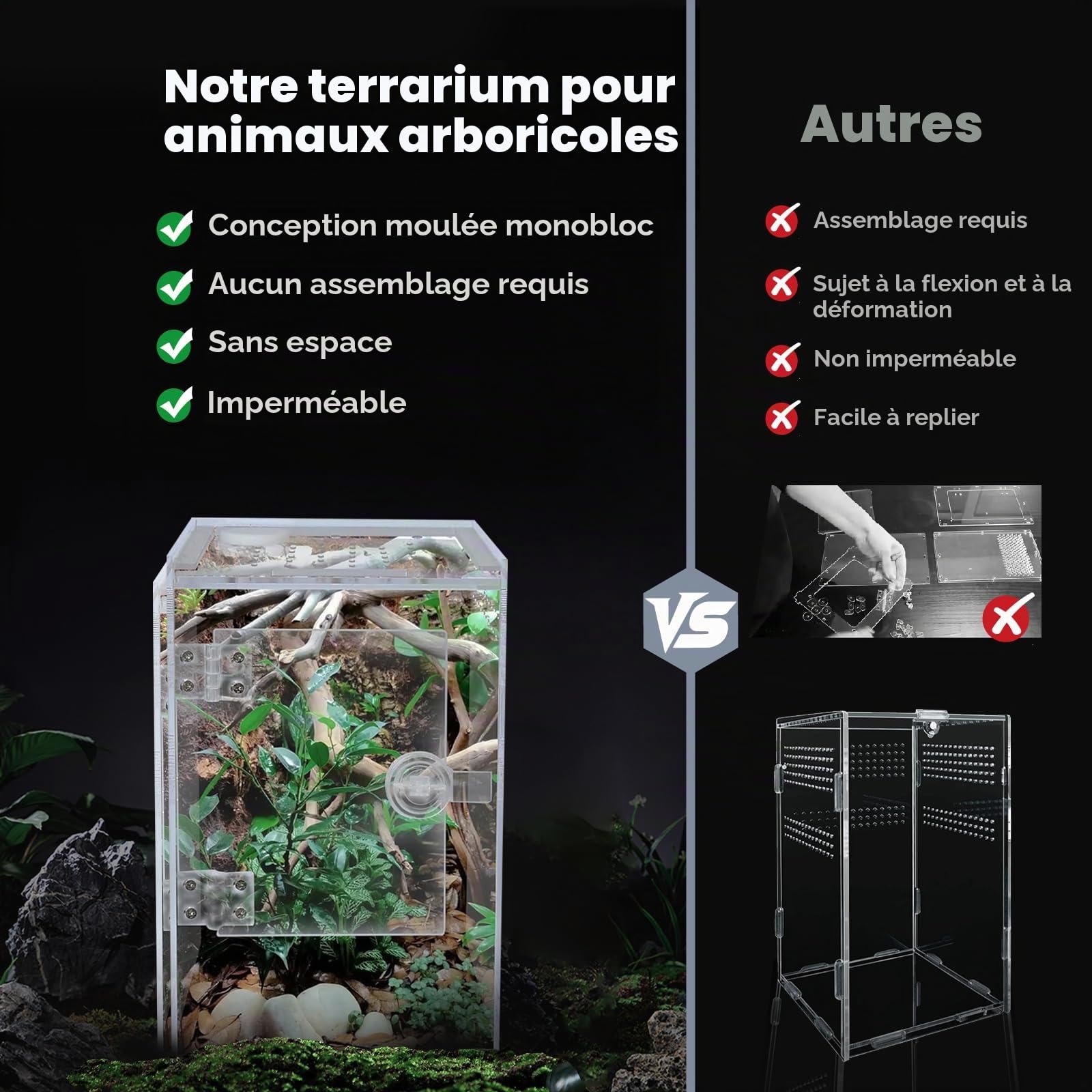 Terrarium Acrylique 20 x 20 x 30 cm Rectangle Ouverture Frontale Ventilation Croisée pour Reptiles