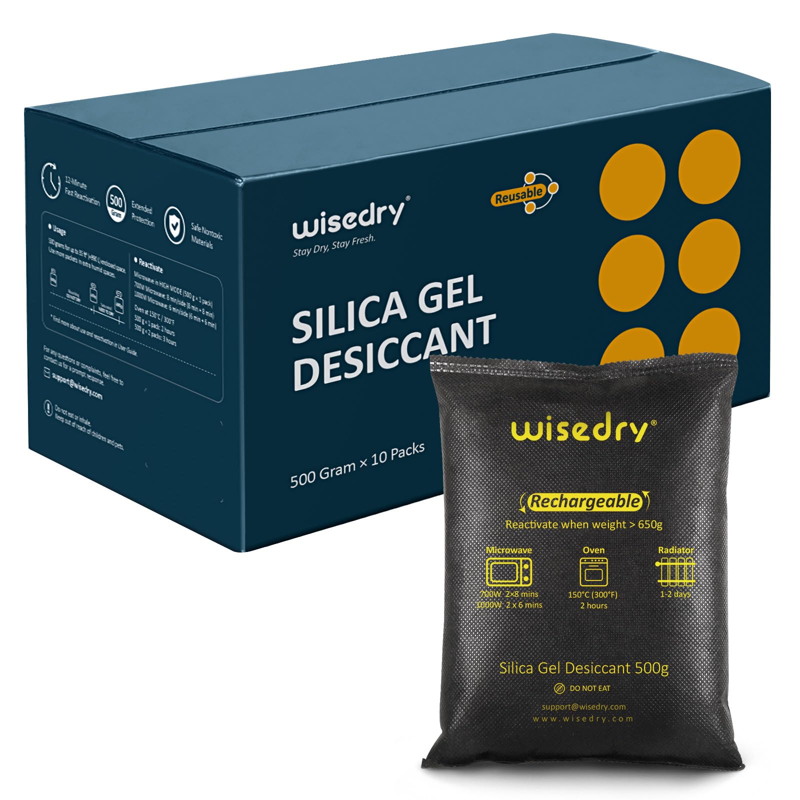 wisedry Lot de 10 paquets de gel de silice rechargeables au micro-ondes et à réactivation rapide pour pistolet, coffre, armoire, sous-sol, garage, 10 x 500 g