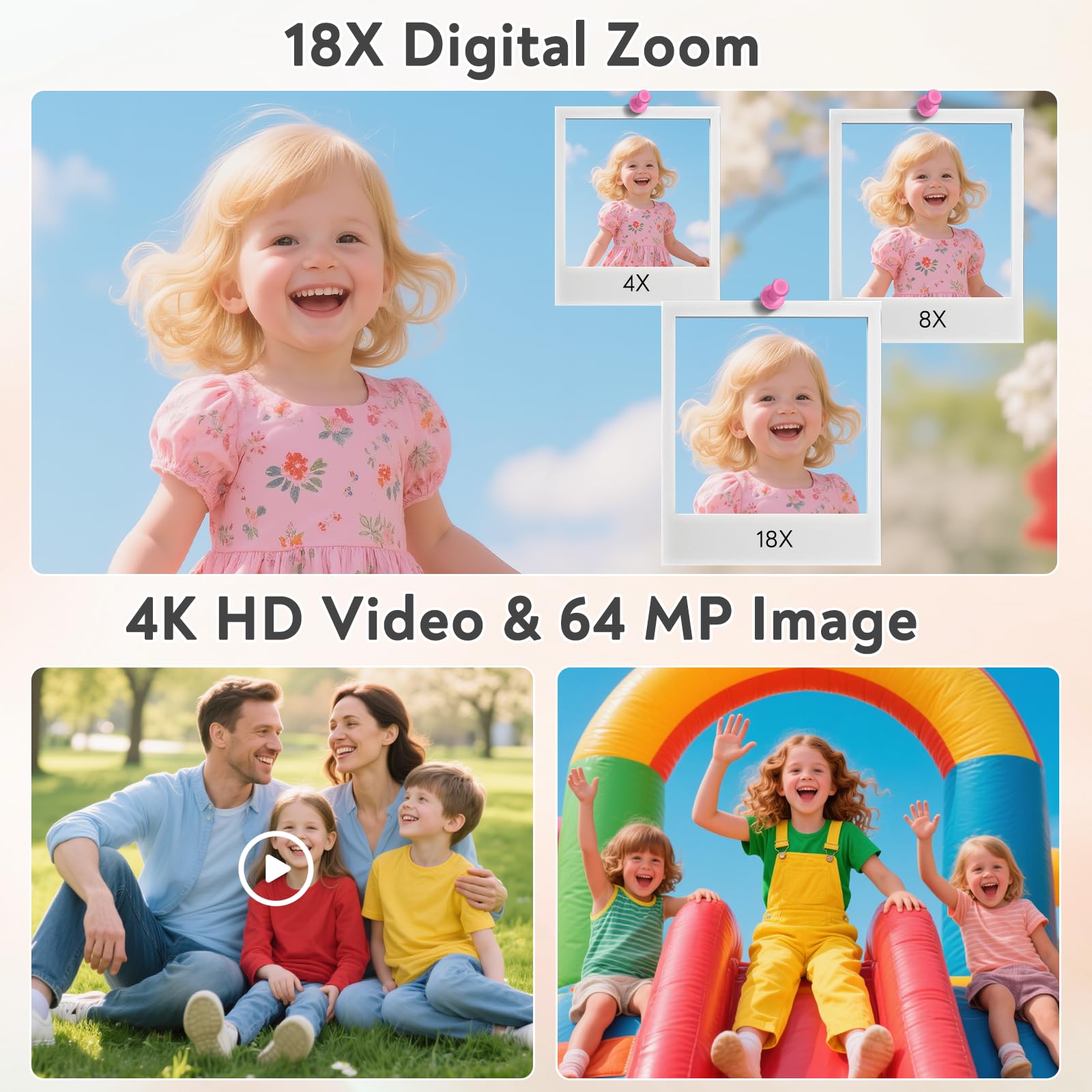 Cámara Digital 4K Cámara de Fotos HD 64MP Cámara Digital Compacta con Pantalla LCD de 2,8" Zoom Digital 18X Tarjeta SD 32GB Incluida Cámara Portátil para Niños y Principiantes(Rosa-2)
