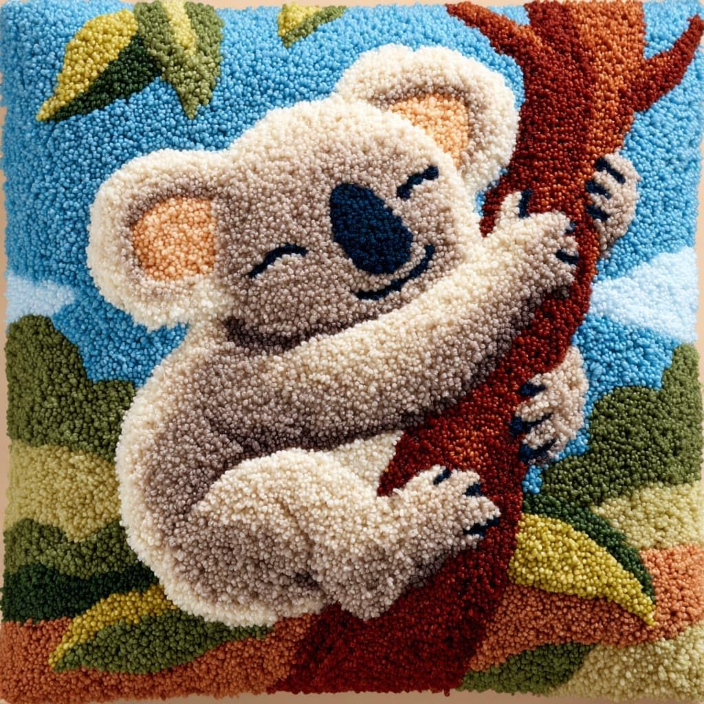 Taxpy Latch Hook Kits, Koala Pillow with Printed Canvas Handmade Cushion Crochet Yarn Embroidery DIY Hook and Latch Kit Pillowcase Decoration 43x43cm
