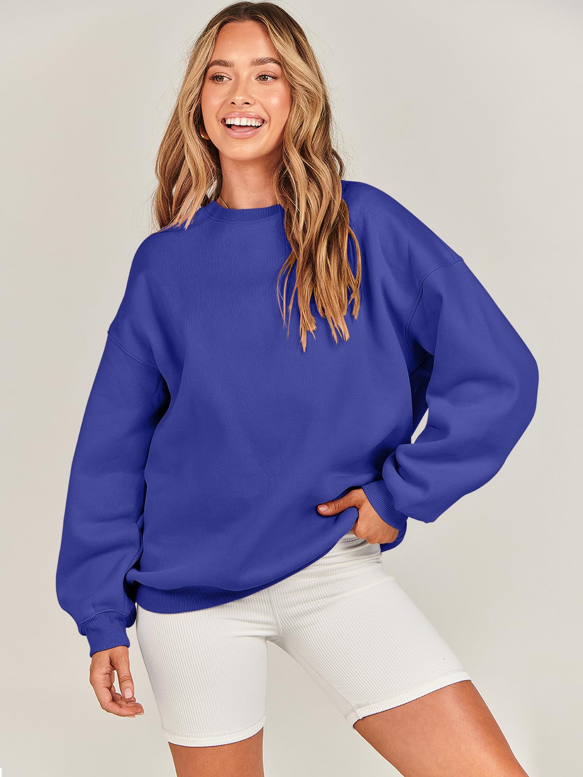 Damskie bluzy oversize bluzy z kapturem polar okrągły dekolt sweter top codzienne jesienne stroje preppy ubrania nastolatki 2024 A1019 światło, Jeden kolor, Royal Blue_L