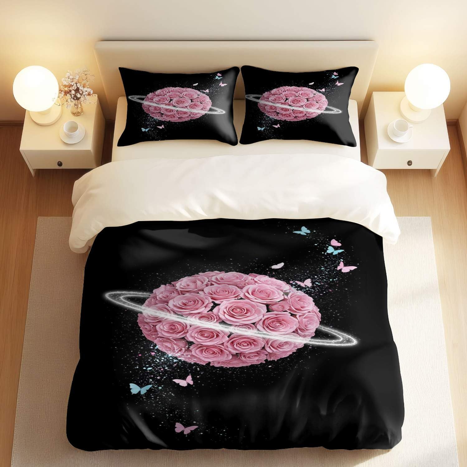 Parure de lit papillon 3D rose pastel avec housse de couette King 240x220 cm