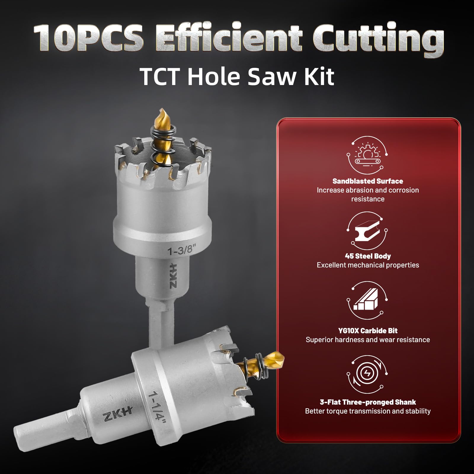 ZKH 10Pcs Carbide Hole Saw Kit for Hard Metal, 5/8