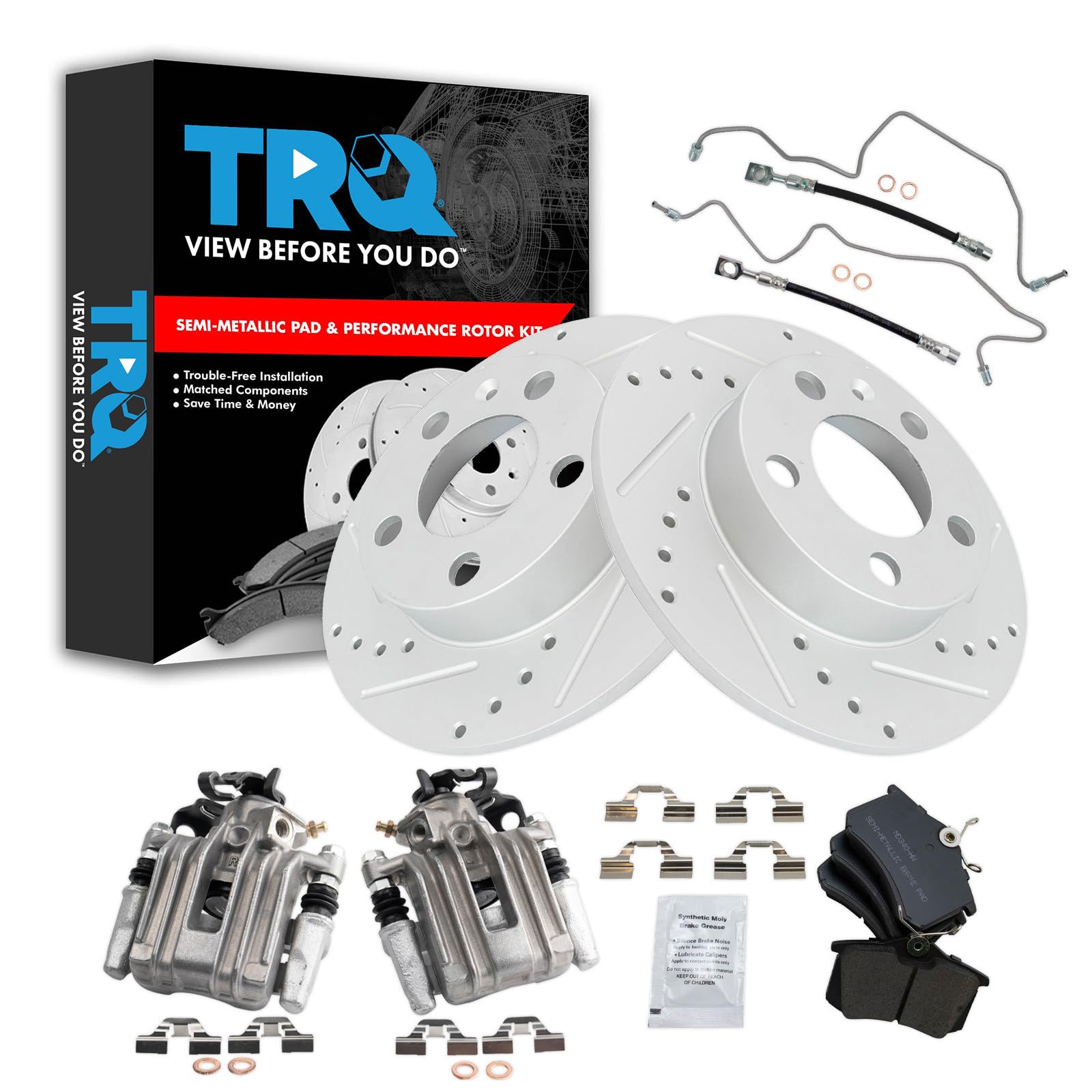 TRQ Performance Rear Brake Pad and Rotor Set Semi Metallic Drilled Slotted Coated Rotors Calipers Compatible with 2007-2010 Volkswagen Beetle 1999 Golf