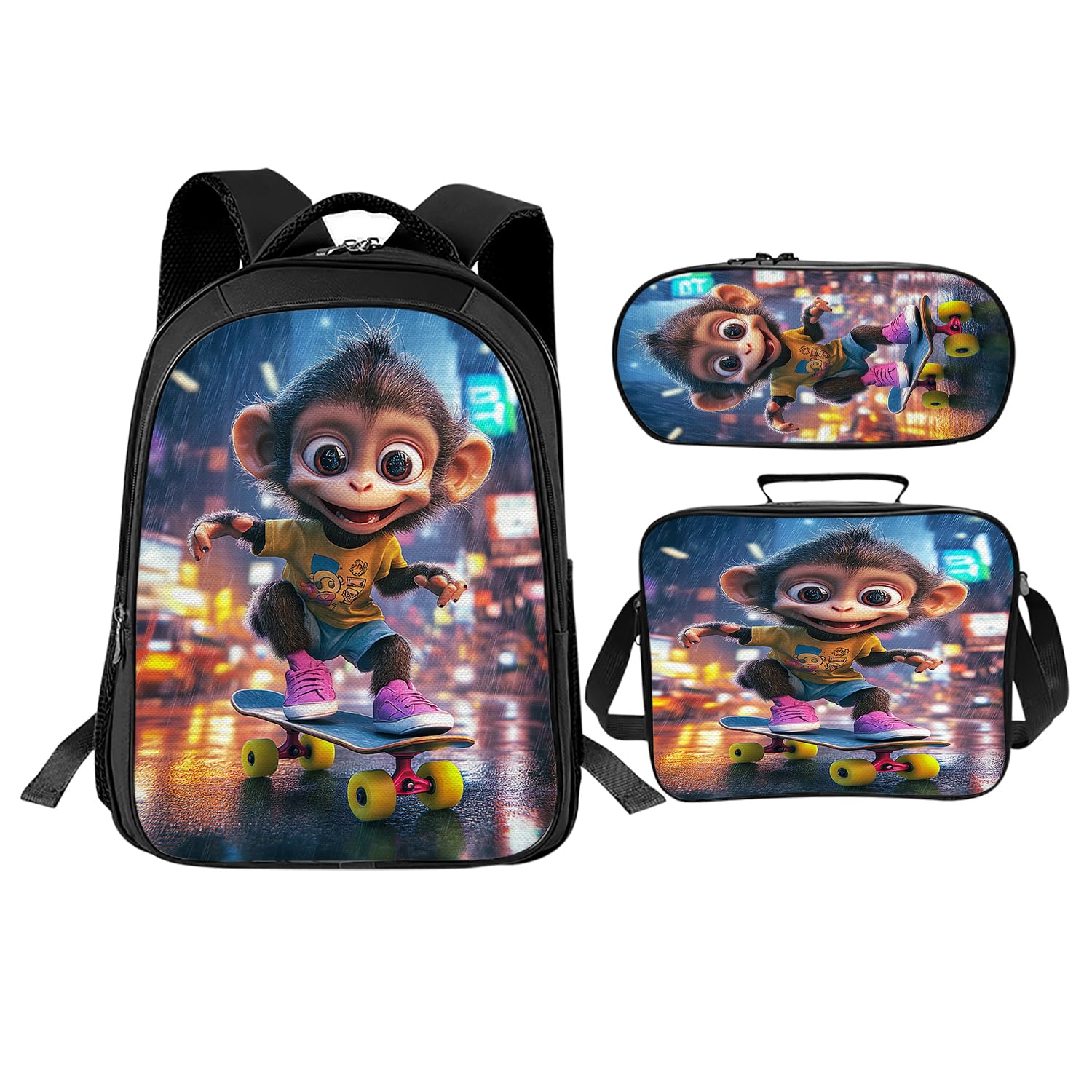 Monkey Backpack Set 3 Piece School Bags and Lunch Box with Pencil Case Funny Monkey Bookbag Set for