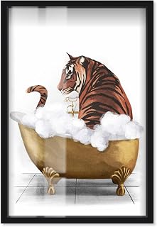 Bathtime Tiger Shadowbox Print Trendy Bathroom Art by Art Remedy, Black Frame, 24 x 36