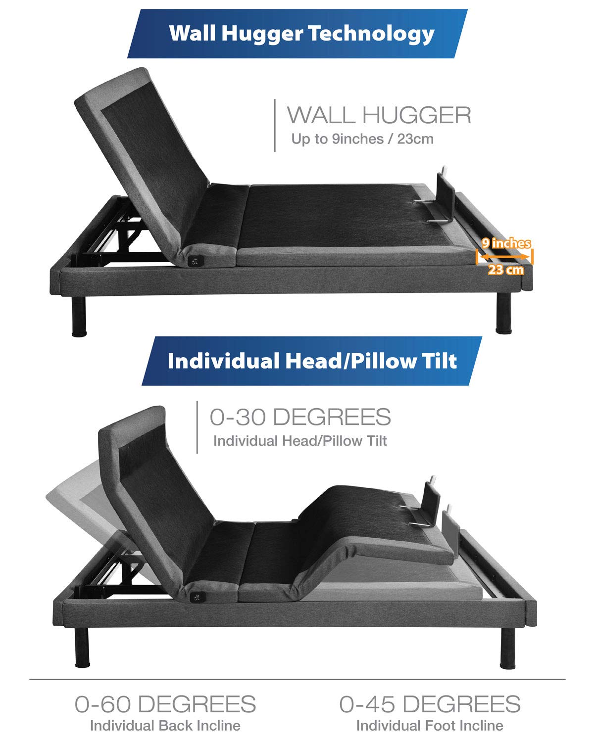 Maxxprime Wall Hugger Adjustable Bed Frame with Individual Head Tilt, Electric Bed Base with